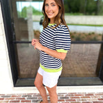 Navy & Lime Stripe Tee-210 Casual Blouses-JODIFL-July & June Women's Fashion Boutique Located in San Antonio, Texas