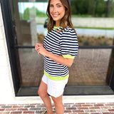 Navy & Lime Stripe Tee-210 Casual Blouses-JODIFL-July & June Women's Fashion Boutique Located in San Antonio, Texas