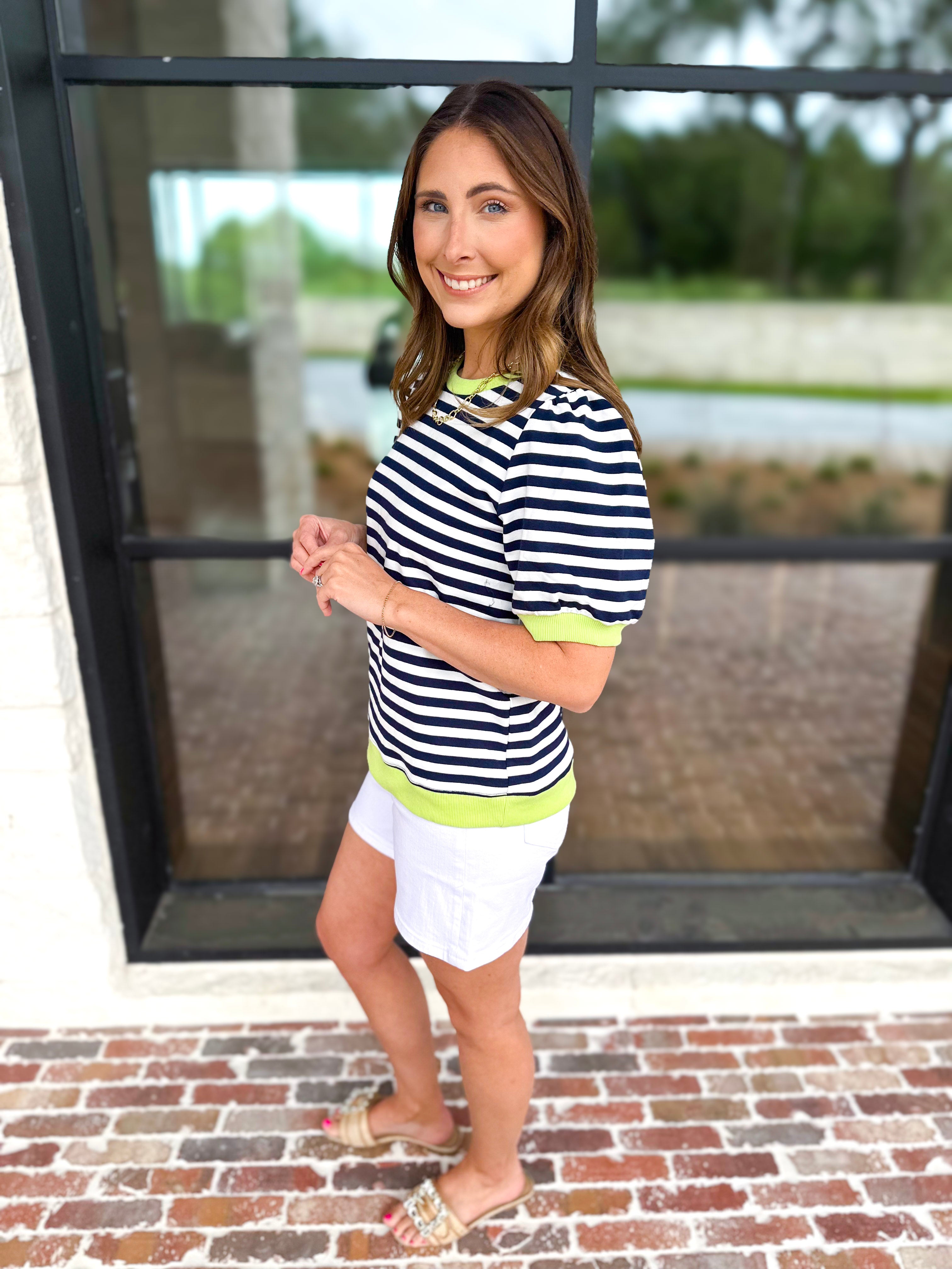 Navy & Lime Stripe Tee-210 Casual Blouses-JODIFL-July & June Women's Fashion Boutique Located in San Antonio, Texas