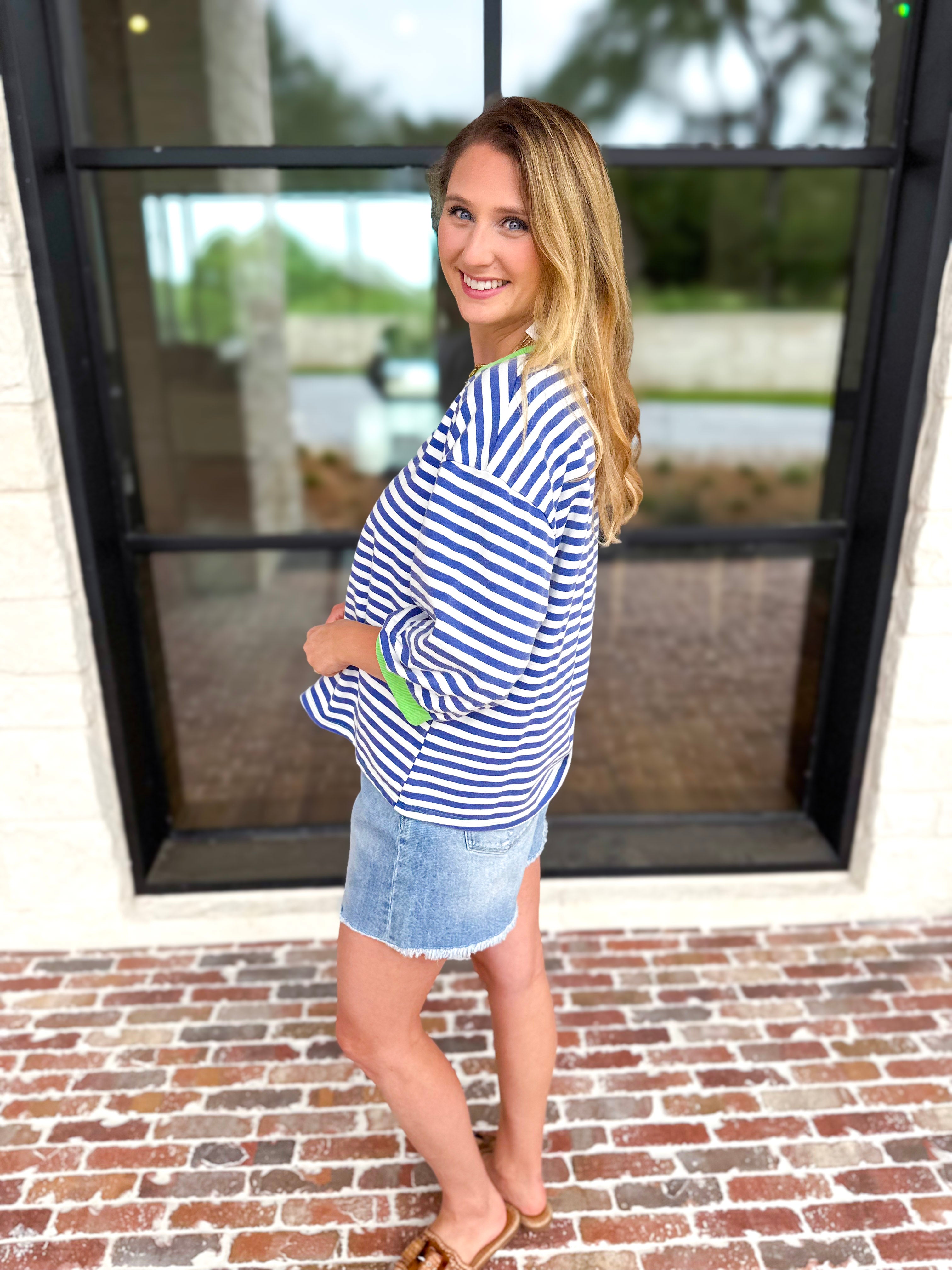 Royal Stripe Tee-210 Casual Blouses-JODIFL-July & June Women's Fashion Boutique Located in San Antonio, Texas