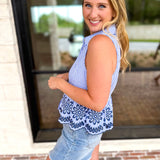 Warm Breeze Stripe & Embroidered Tank - Blue-200 Fashion Blouses-ENTRO-July & June Women's Fashion Boutique Located in San Antonio, Texas