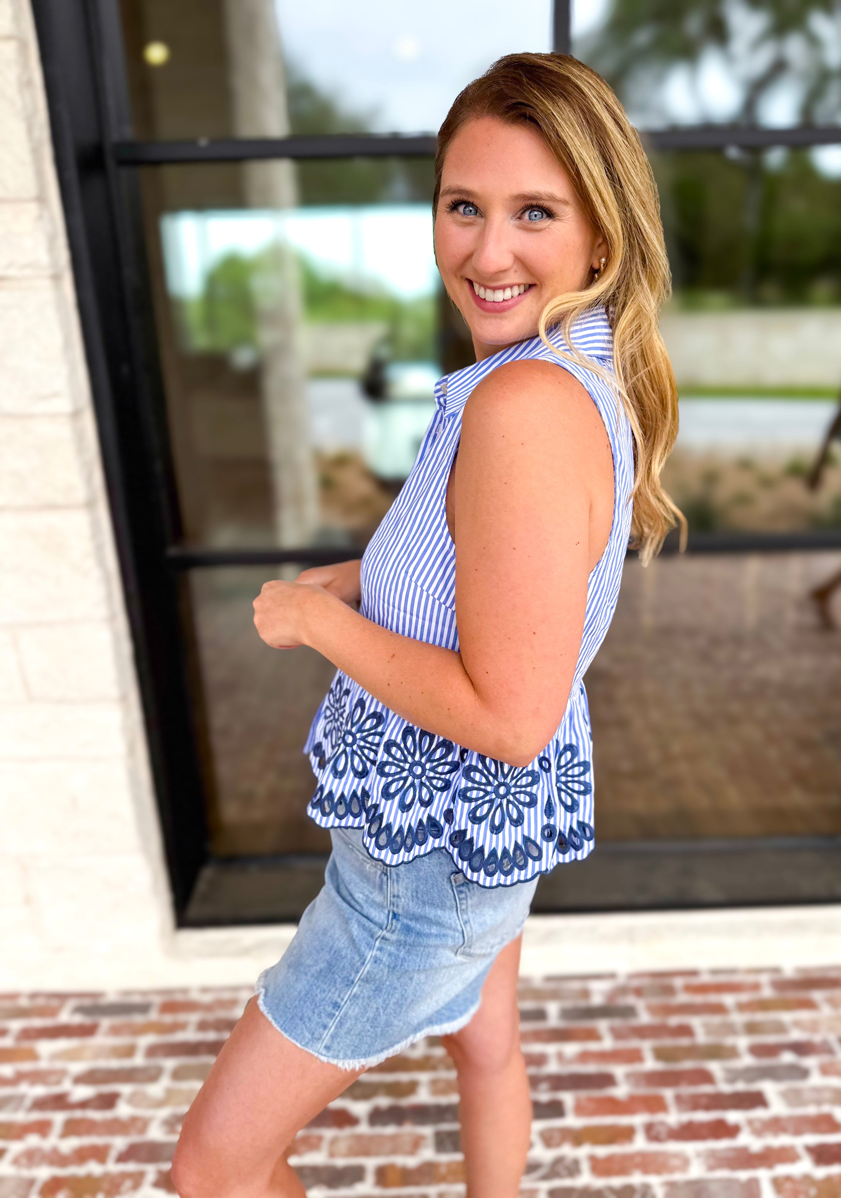 Warm Breeze Stripe & Embroidered Tank - Blue-200 Fashion Blouses-ENTRO-July & June Women's Fashion Boutique Located in San Antonio, Texas