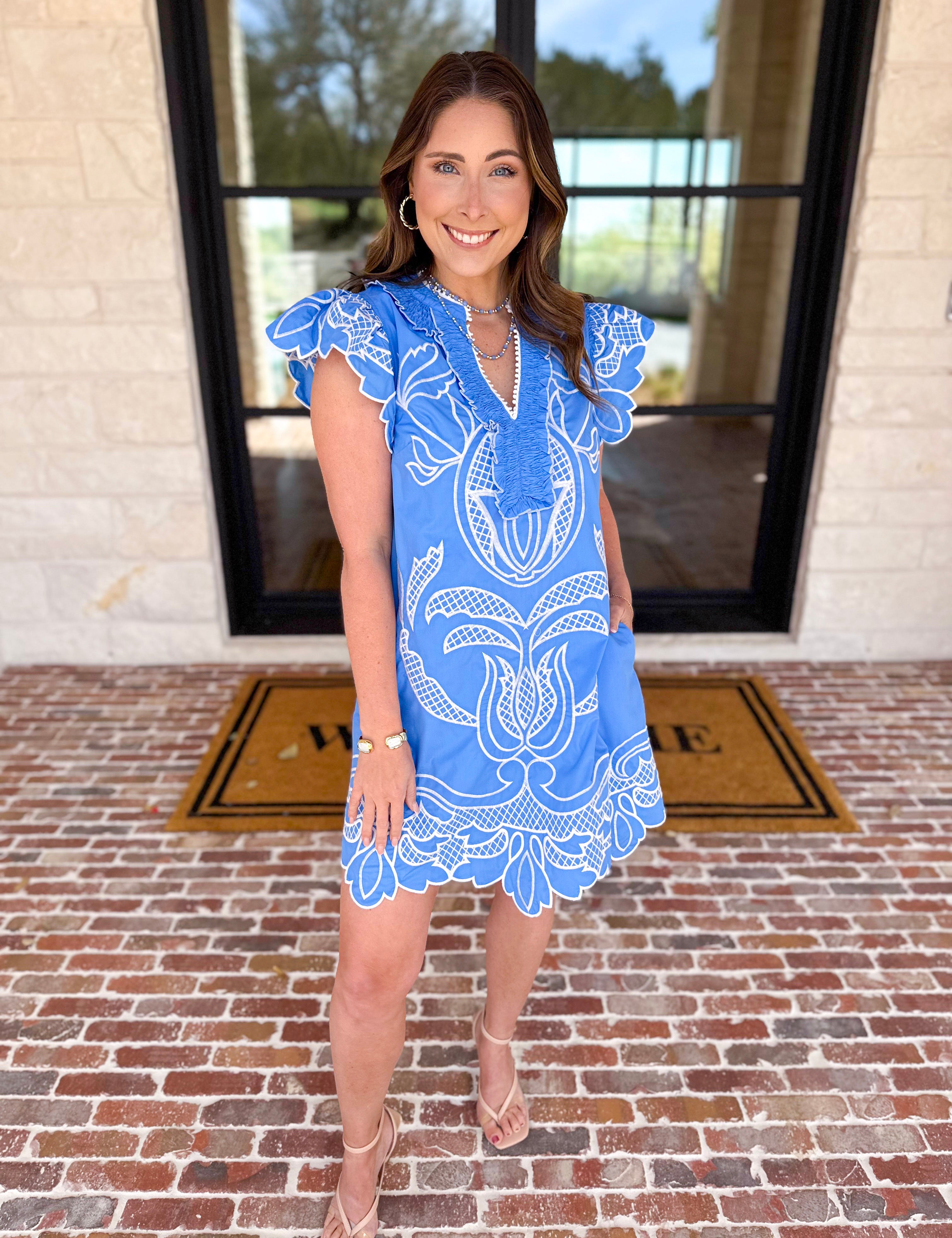 Bloom Embroidered Mini Dress - Light Blue-510 Mini-ENTRO-July & June Women's Fashion Boutique Located in San Antonio, Texas