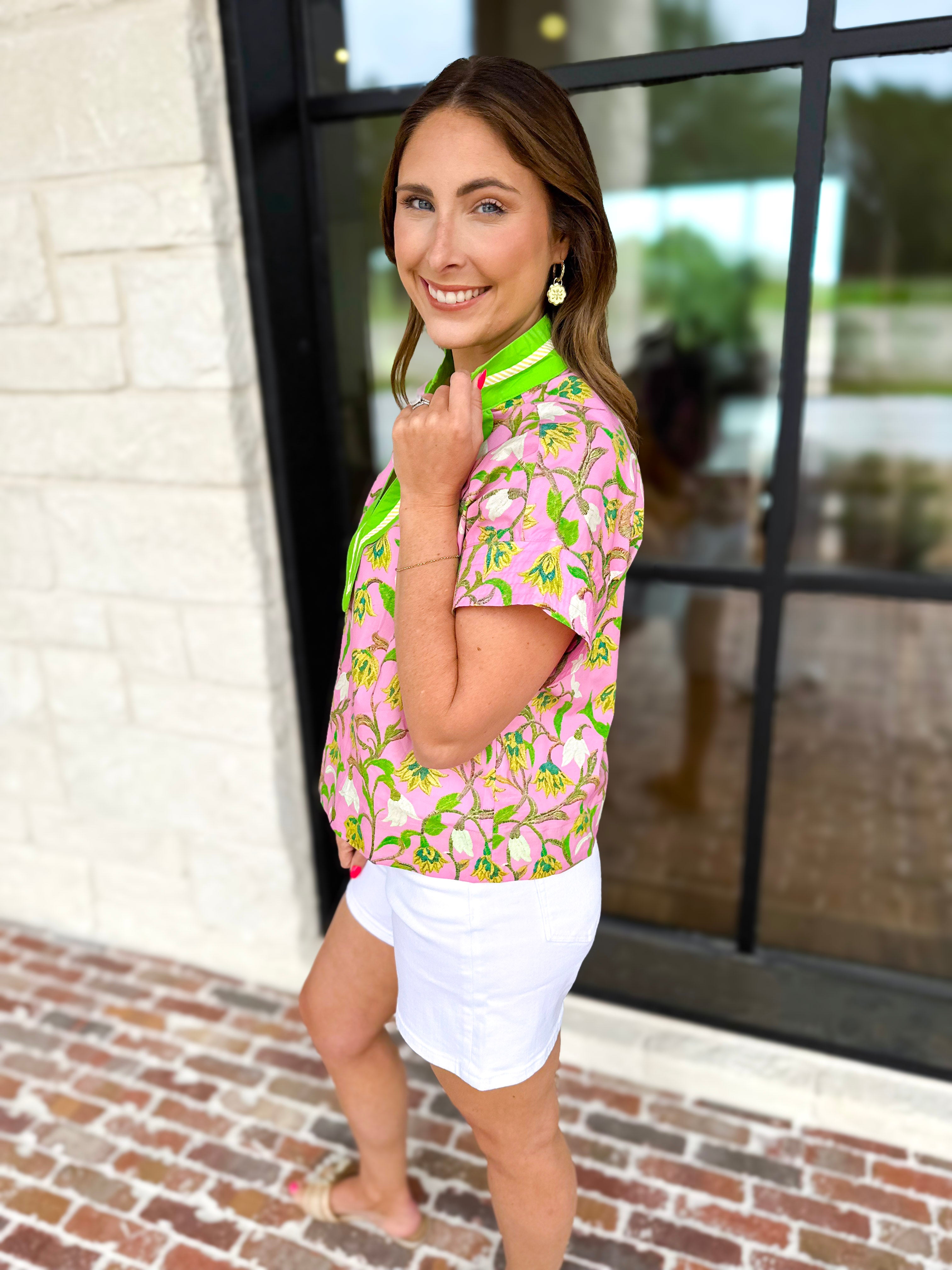 The Maisie Floral Scalloped Blouse - Pink & Lime-200 Fashion Blouses-ENTRO-July & June Women's Fashion Boutique Located in San Antonio, Texas