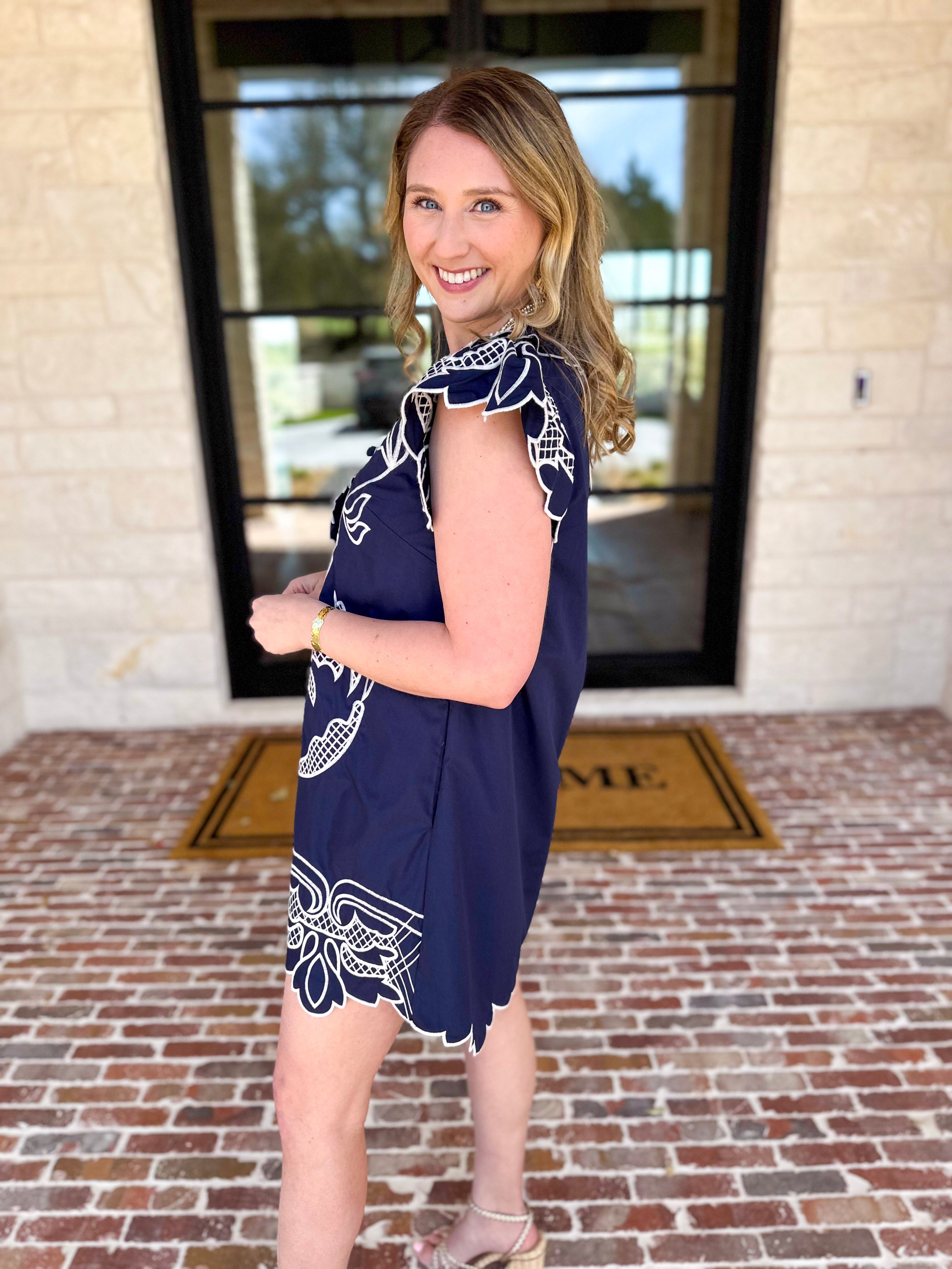 Bloom Embroidered Mini Dress - Navy-510 Mini-ENTRO-July & June Women's Fashion Boutique Located in San Antonio, Texas