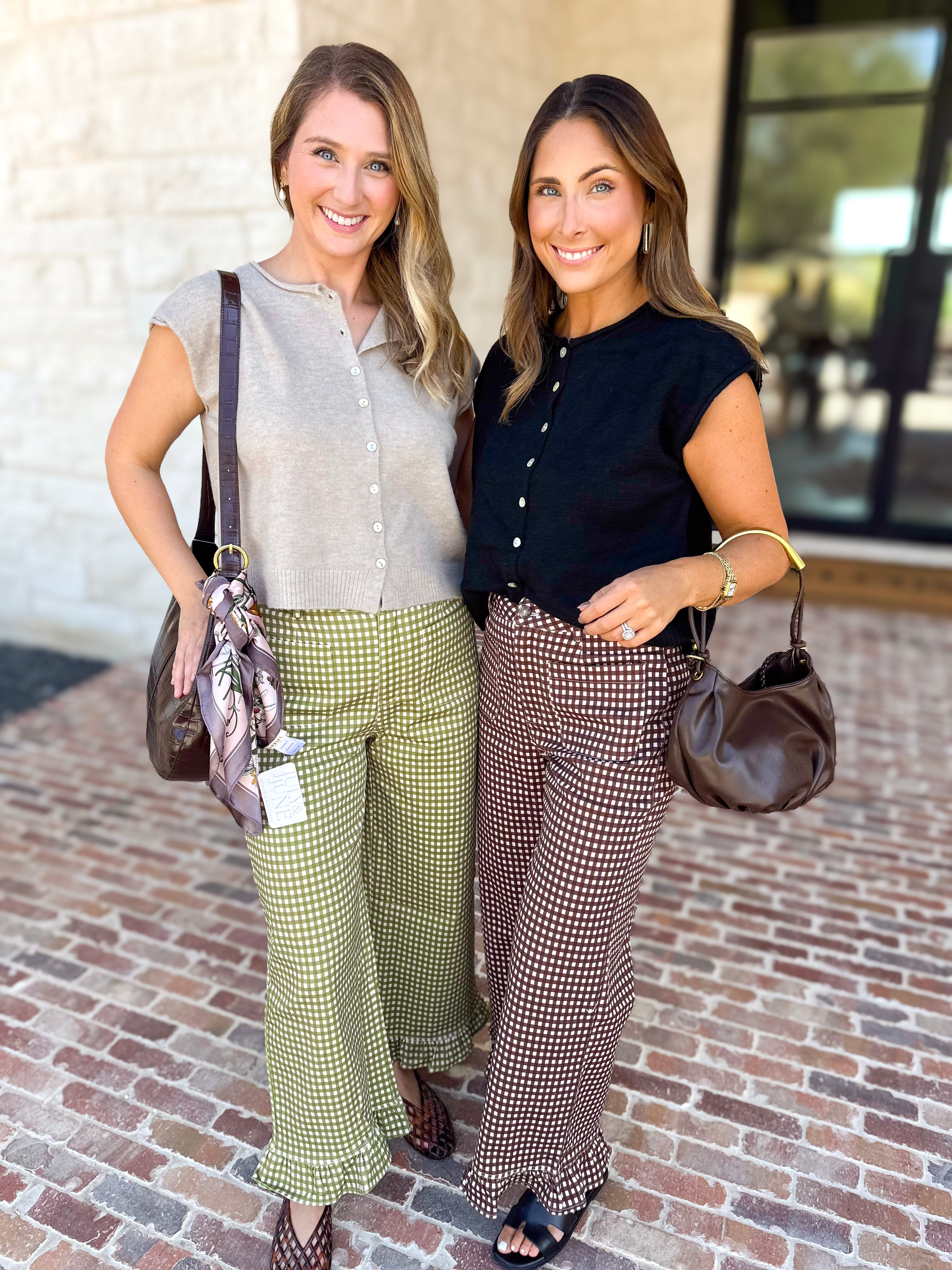 Gingham Ruffle Trim Pants - Olive-400 Pants-ENTRO-July & June Women's Fashion Boutique Located in San Antonio, Texas