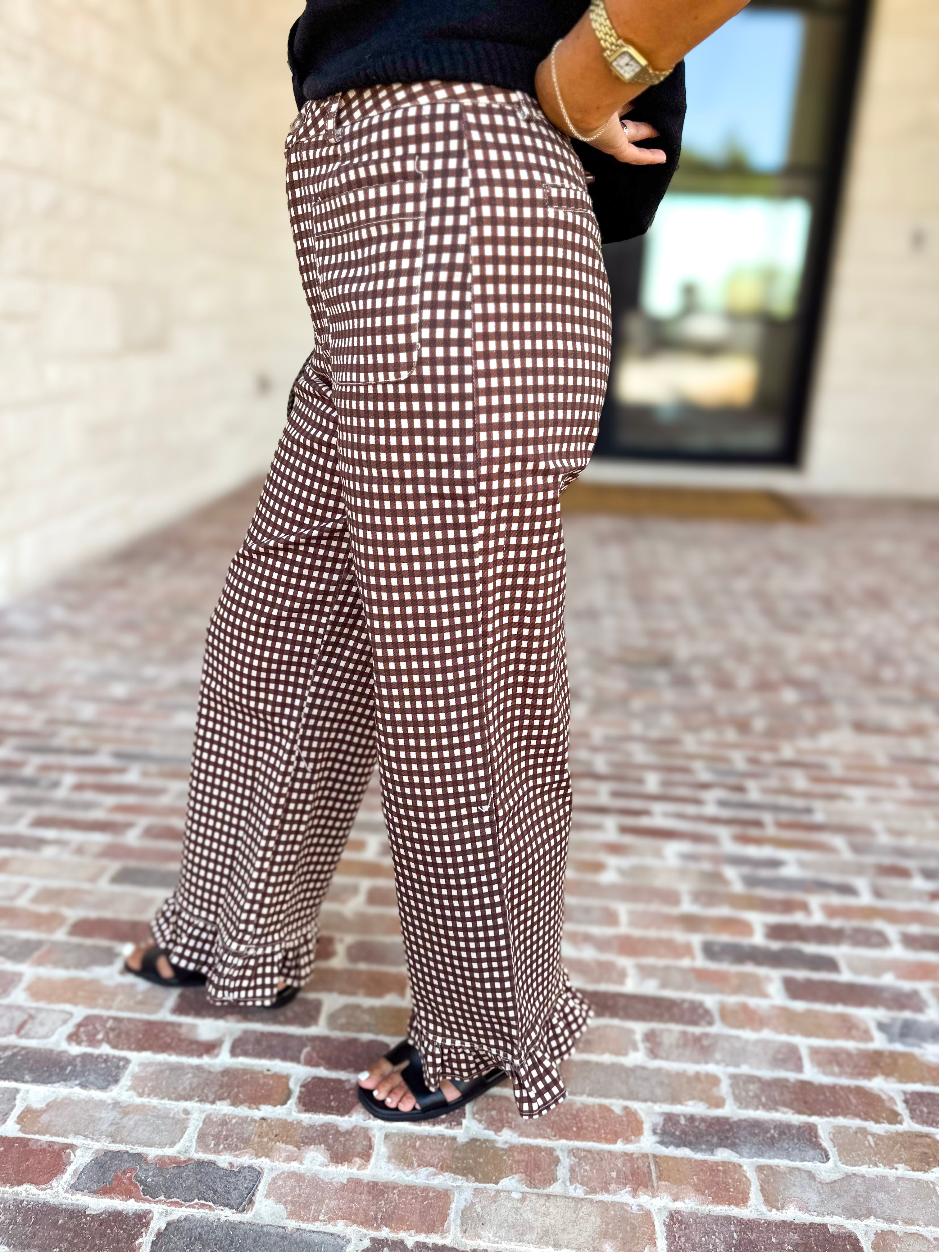 Gingham Ruffle Trim Pants - Brown-400 Pants-ENTRO-July & June Women's Fashion Boutique Located in San Antonio, Texas