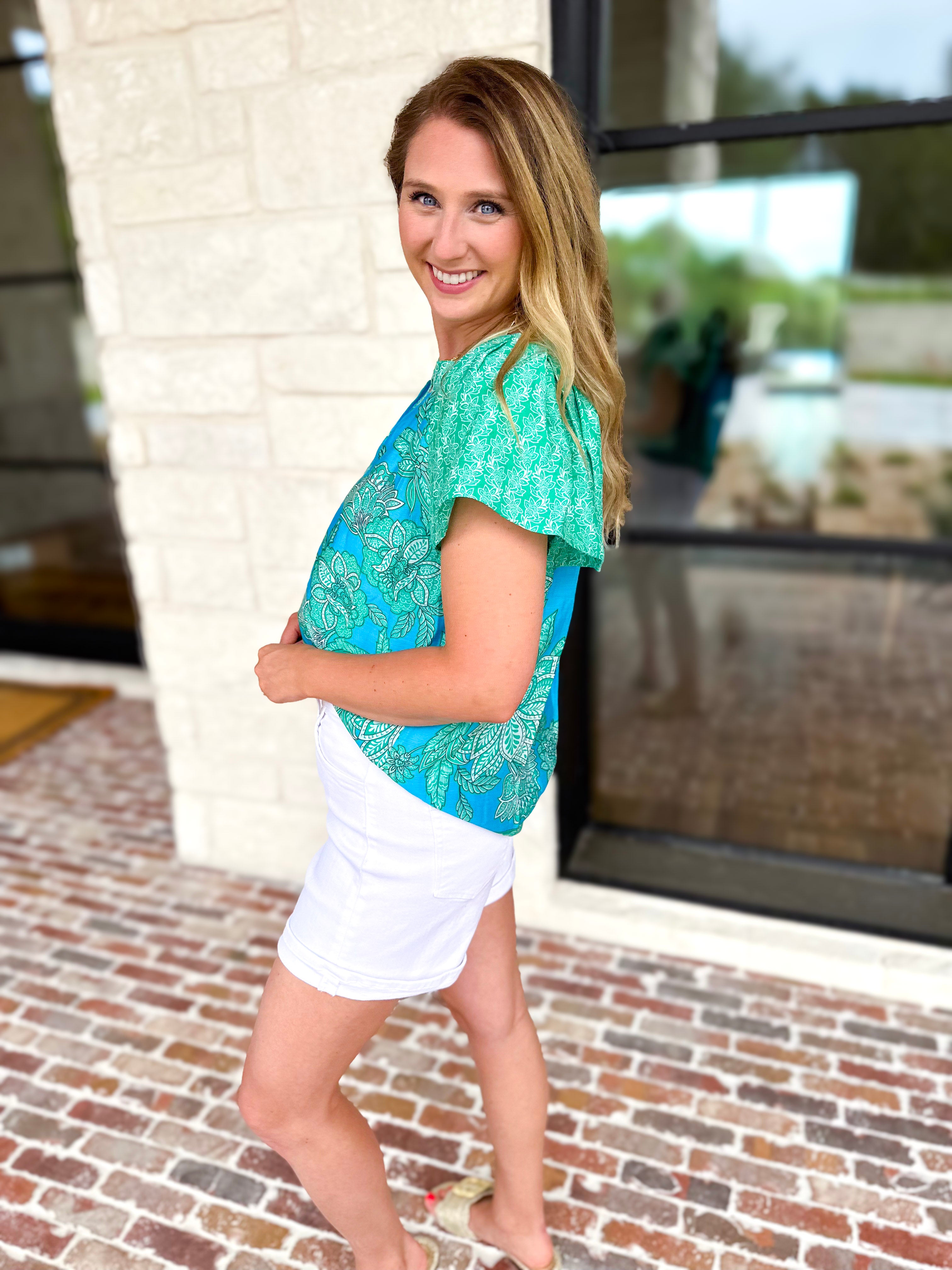 Current Air - Blue Tide Floral Blouse-200 Fashion Blouses-CURRENT AIR CLOTHING-July & June Women's Fashion Boutique Located in San Antonio, Texas