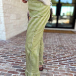 Gingham Ruffle Trim Pants - Olive-400 Pants-ENTRO-July & June Women's Fashion Boutique Located in San Antonio, Texas