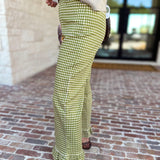 Gingham Ruffle Trim Pants - Olive-400 Pants-ENTRO-July & June Women's Fashion Boutique Located in San Antonio, Texas