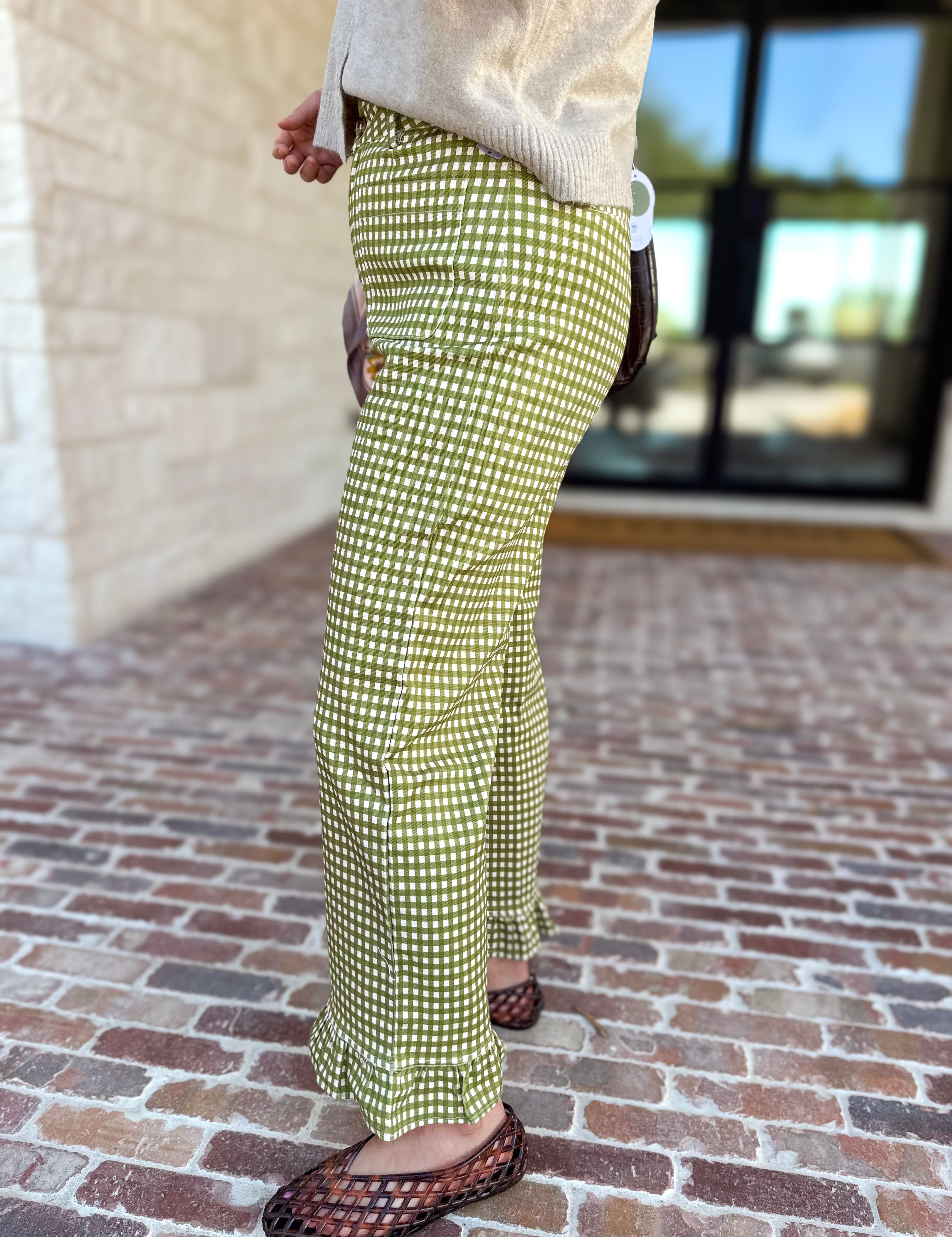 Gingham Ruffle Trim Pants - Olive-400 Pants-ENTRO-July & June Women's Fashion Boutique Located in San Antonio, Texas