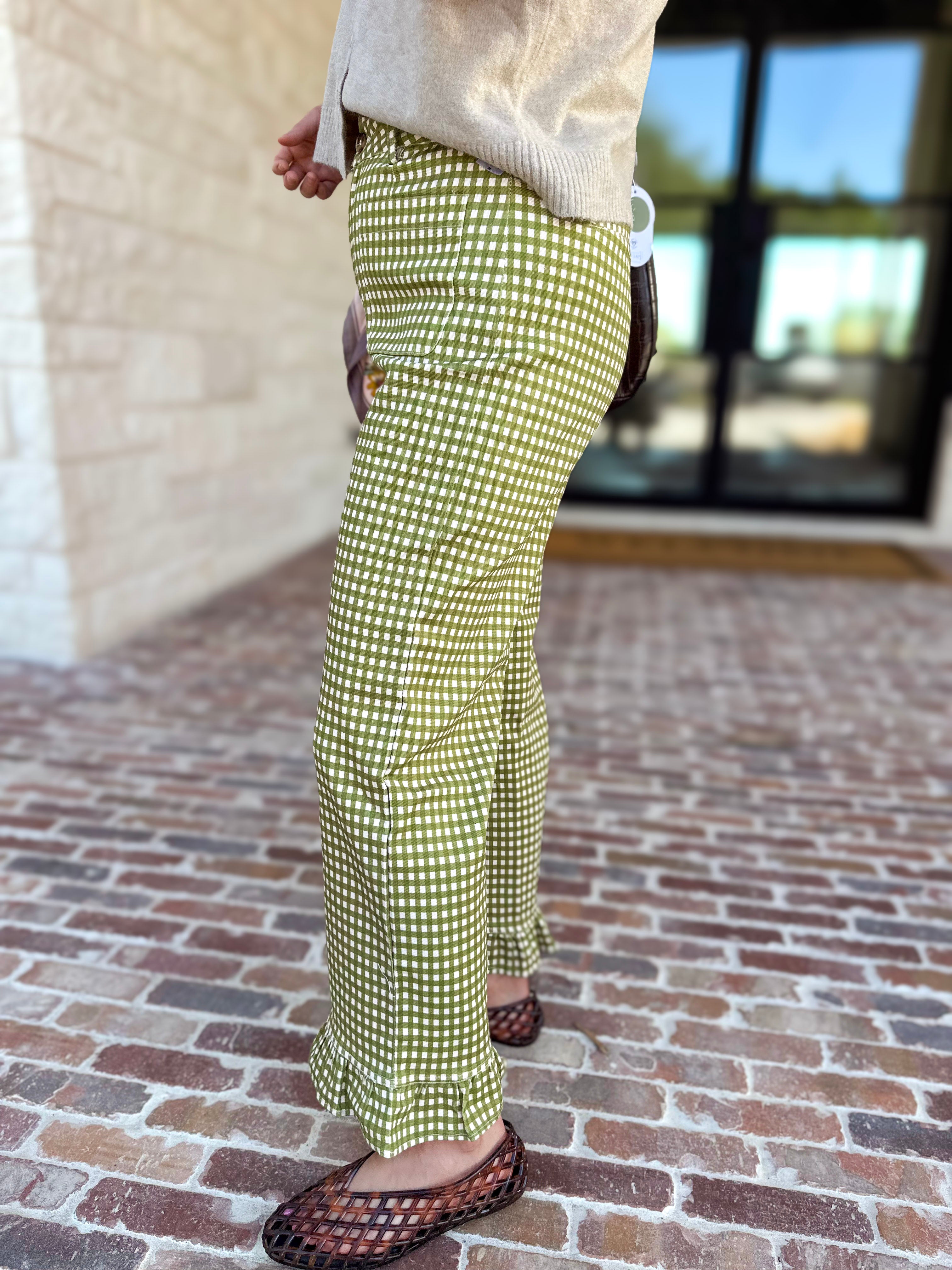 Gingham Ruffle Trim Pants - Olive-400 Pants-ENTRO-July & June Women's Fashion Boutique Located in San Antonio, Texas