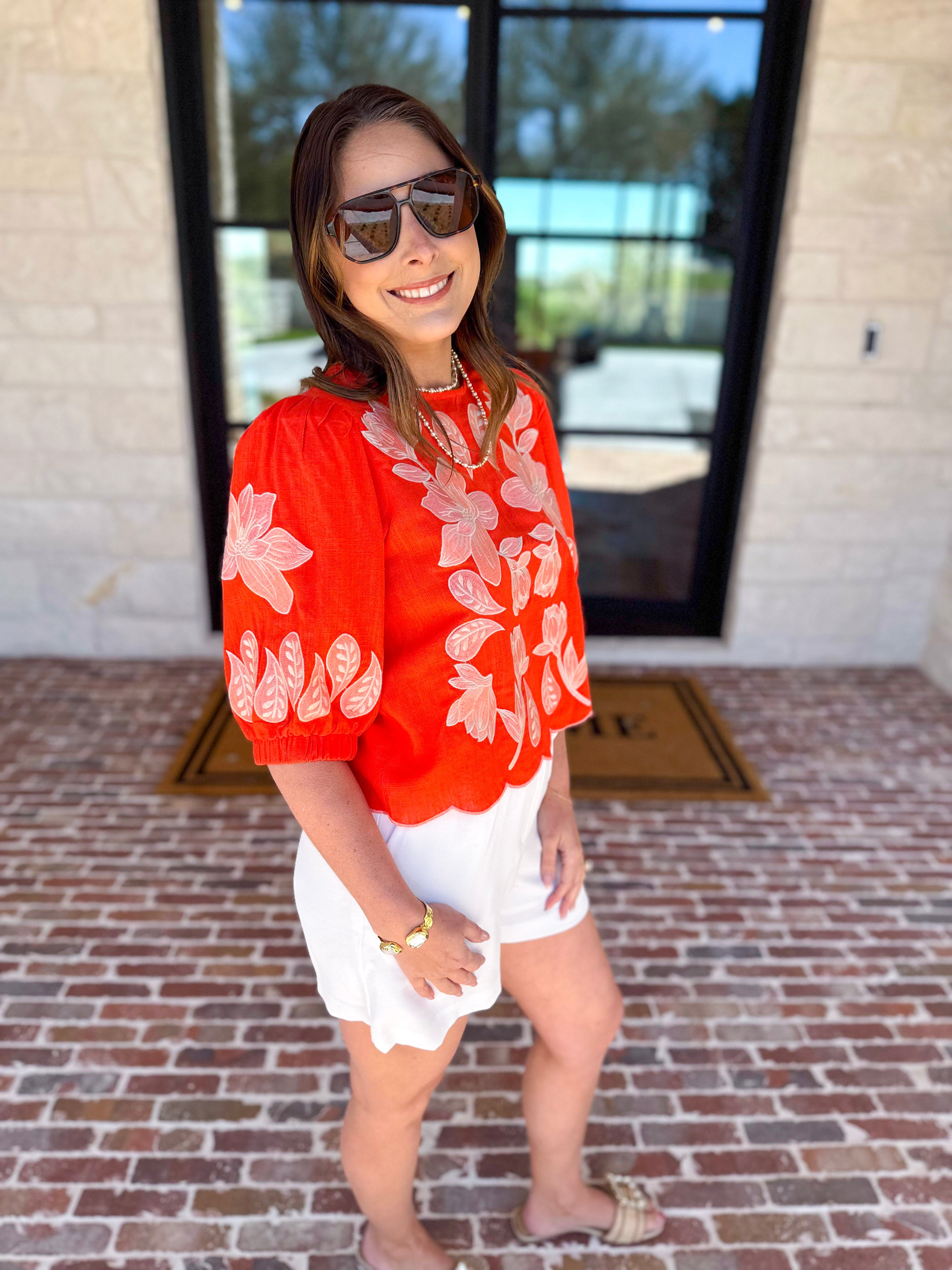 THML - Bold Orange Embroidered Blouse-200 Fashion Blouses-THML-July & June Women's Fashion Boutique Located in San Antonio, Texas