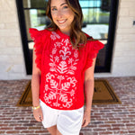 Tomato Red Embroidered Blouse-200 Fashion Blouses-FATE-July & June Women's Fashion Boutique Located in San Antonio, Texas