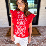 Tomato Red Embroidered Blouse-200 Fashion Blouses-FATE-July & June Women's Fashion Boutique Located in San Antonio, Texas