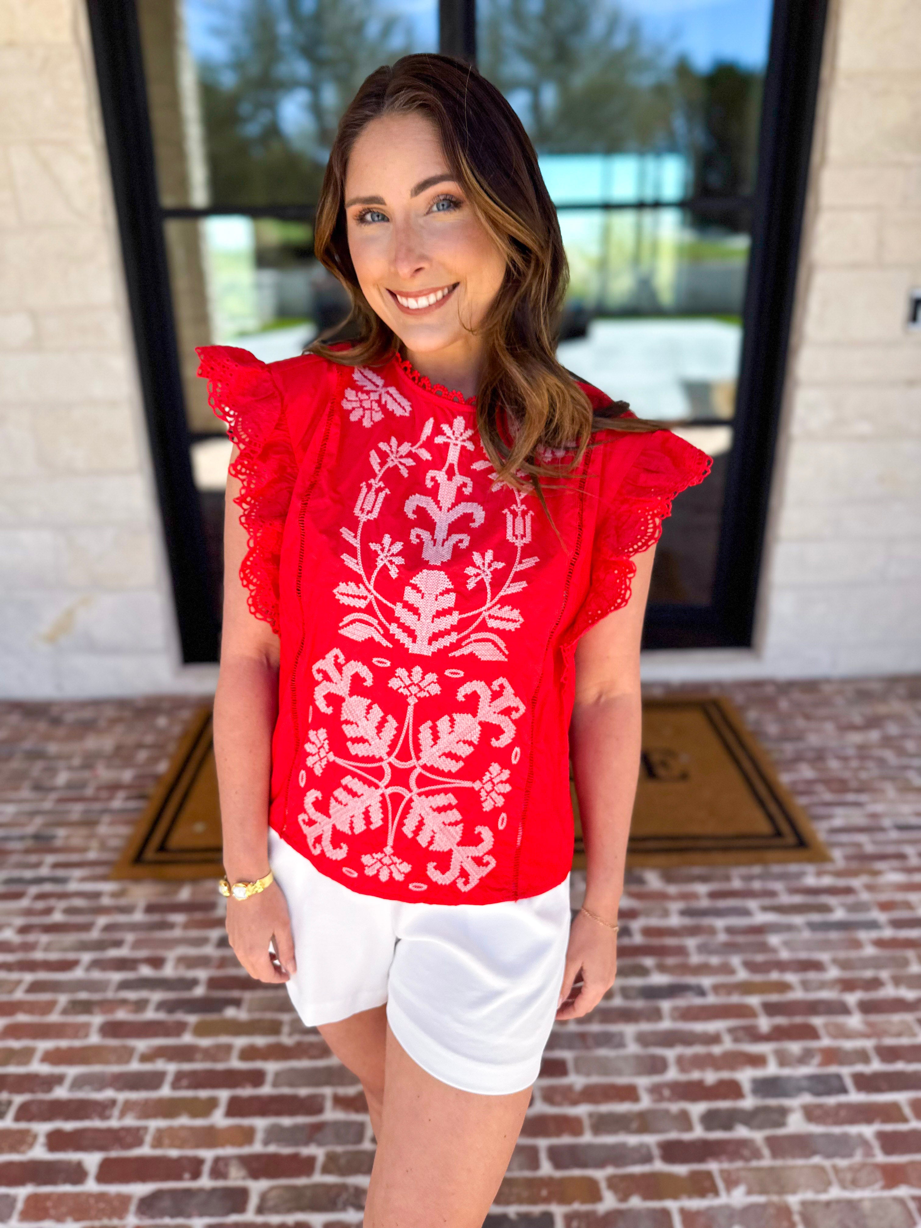 Tomato Red Embroidered Blouse-200 Fashion Blouses-FATE-July & June Women's Fashion Boutique Located in San Antonio, Texas