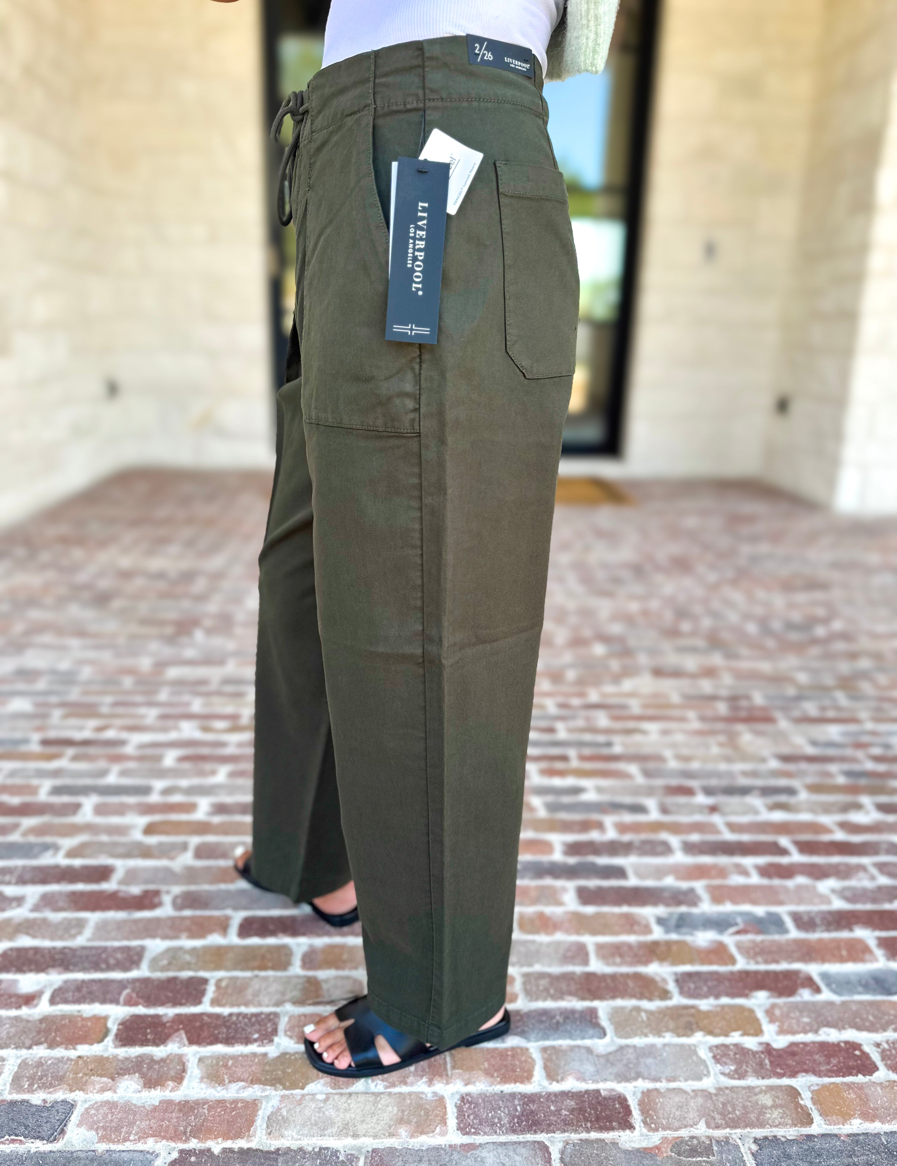 Liverpool - Cropped Olive Green Drawstring Trousers-400 Pants-LIVERPOOL JEANS COMPANY-July & June Women's Fashion Boutique Located in San Antonio, Texas