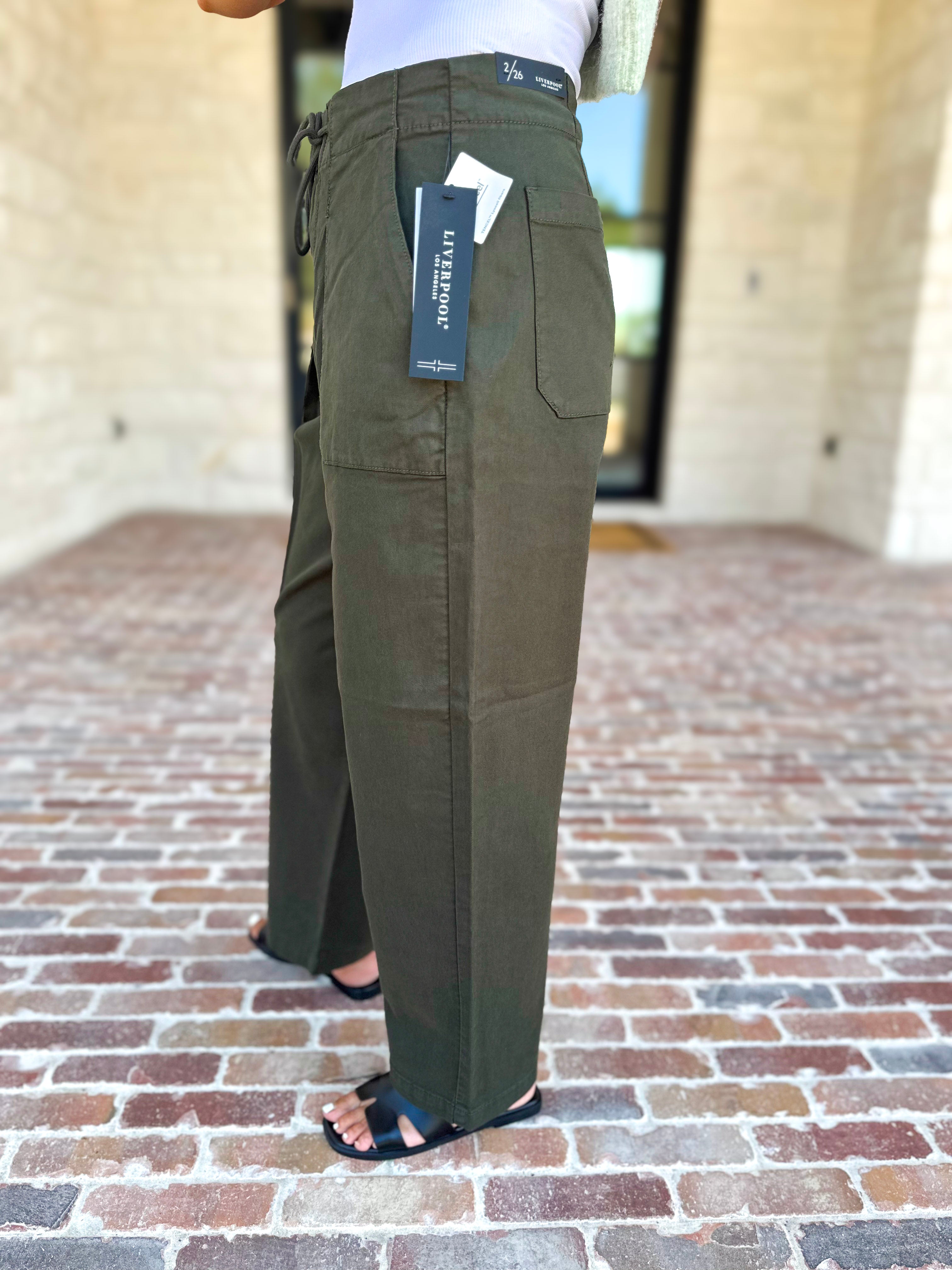 Liverpool - Cropped Olive Green Drawstring Trousers-400 Pants-LIVERPOOL JEANS COMPANY-July & June Women's Fashion Boutique Located in San Antonio, Texas