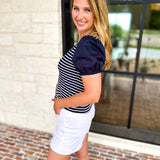 Navy Stripe Knit Tee-200 Fashion Blouses-SKIES ARE BLUE-July & June Women's Fashion Boutique Located in San Antonio, Texas