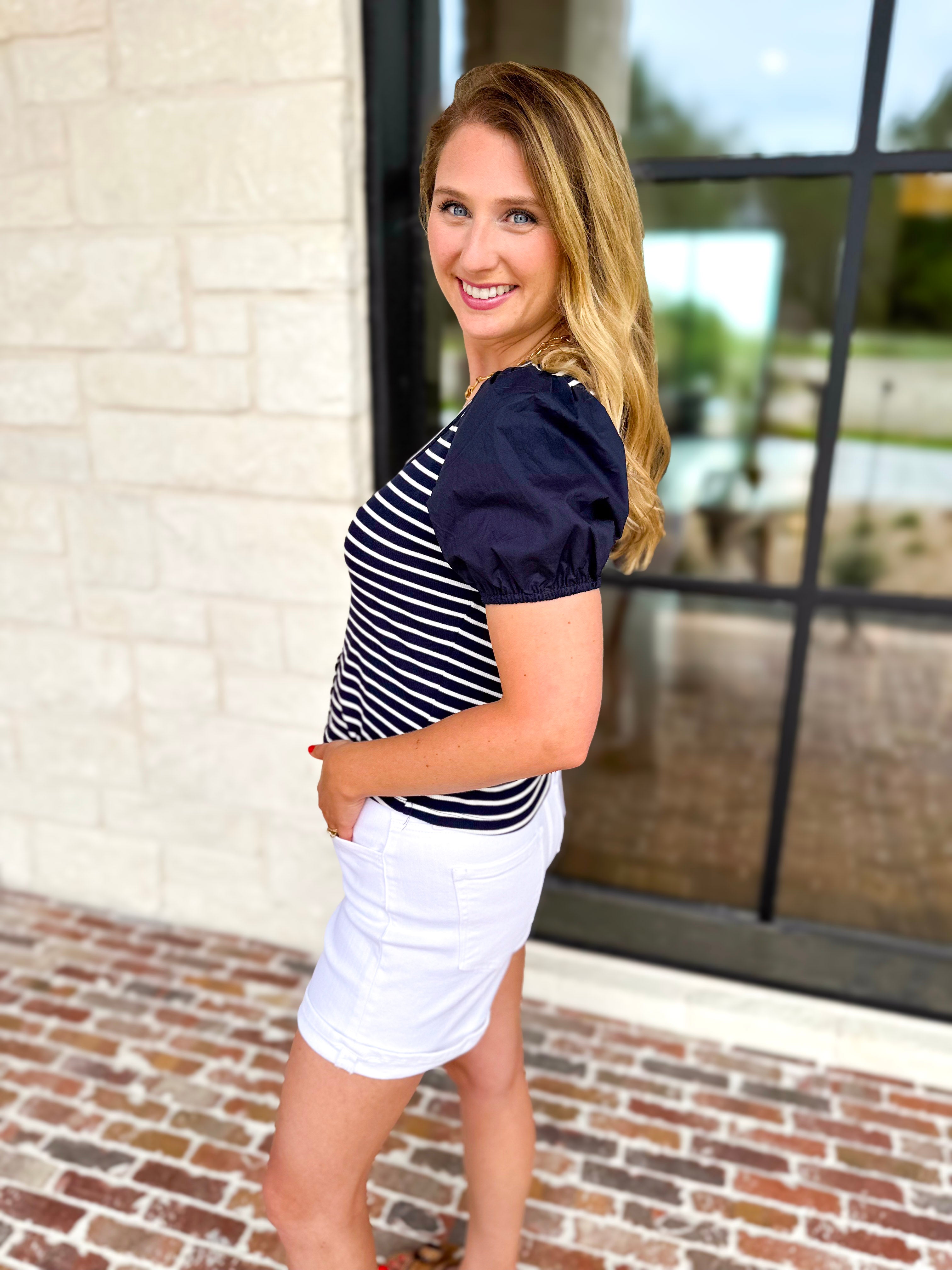 Navy Stripe Knit Tee-200 Fashion Blouses-SKIES ARE BLUE-July & June Women's Fashion Boutique Located in San Antonio, Texas