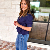Current Air - Navy Twist Peplum Blouse-200 Fashion Blouses-CURRENT AIR CLOTHING-July & June Women's Fashion Boutique Located in San Antonio, Texas