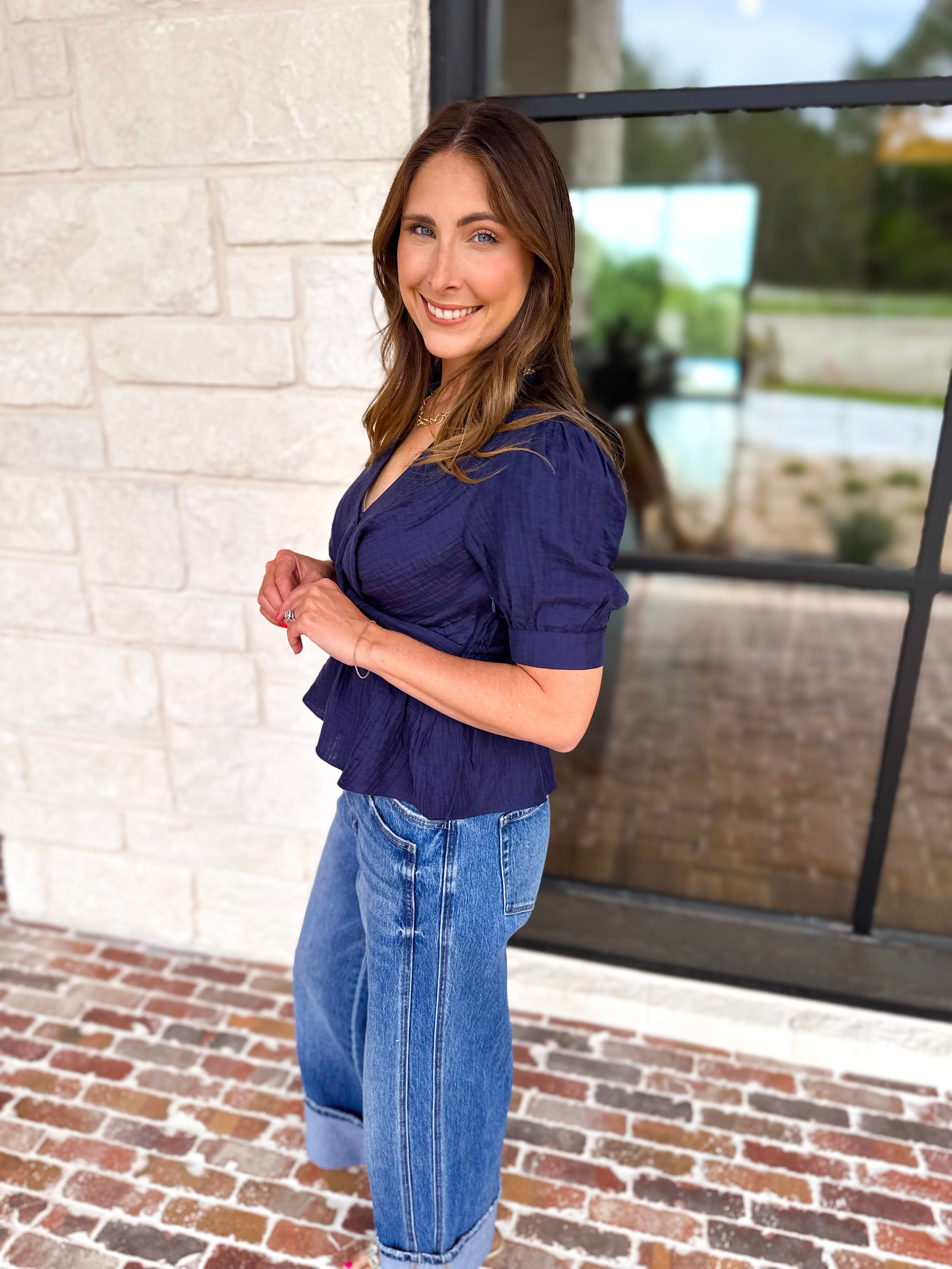 Current Air - Navy Twist Peplum Blouse-200 Fashion Blouses-CURRENT AIR CLOTHING-July & June Women's Fashion Boutique Located in San Antonio, Texas