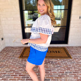 Tropical Blue Embroidered Blouse-200 Fashion Blouses-FATE-July & June Women's Fashion Boutique Located in San Antonio, Texas