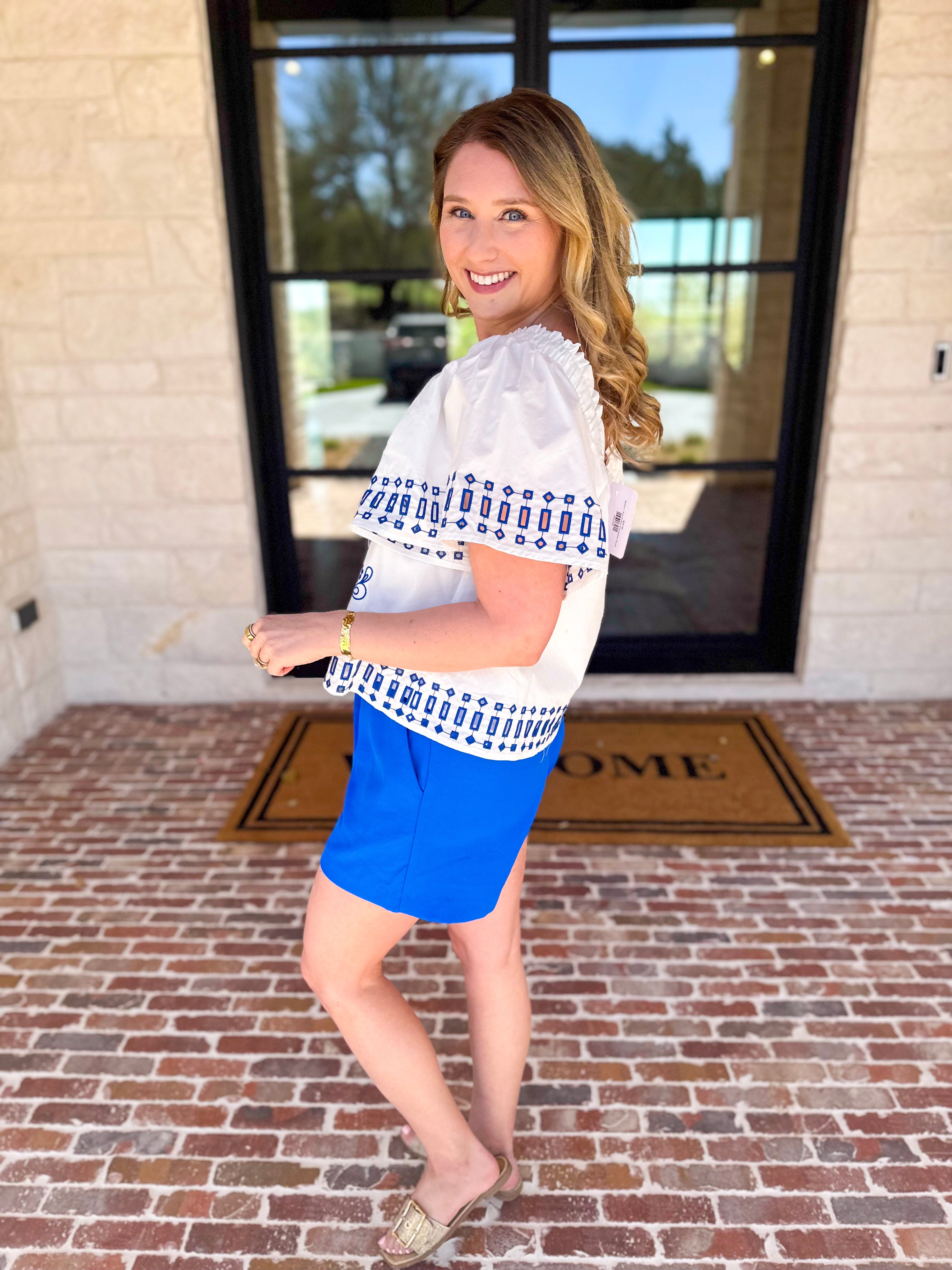 Tropical Blue Embroidered Blouse-200 Fashion Blouses-FATE-July & June Women's Fashion Boutique Located in San Antonio, Texas