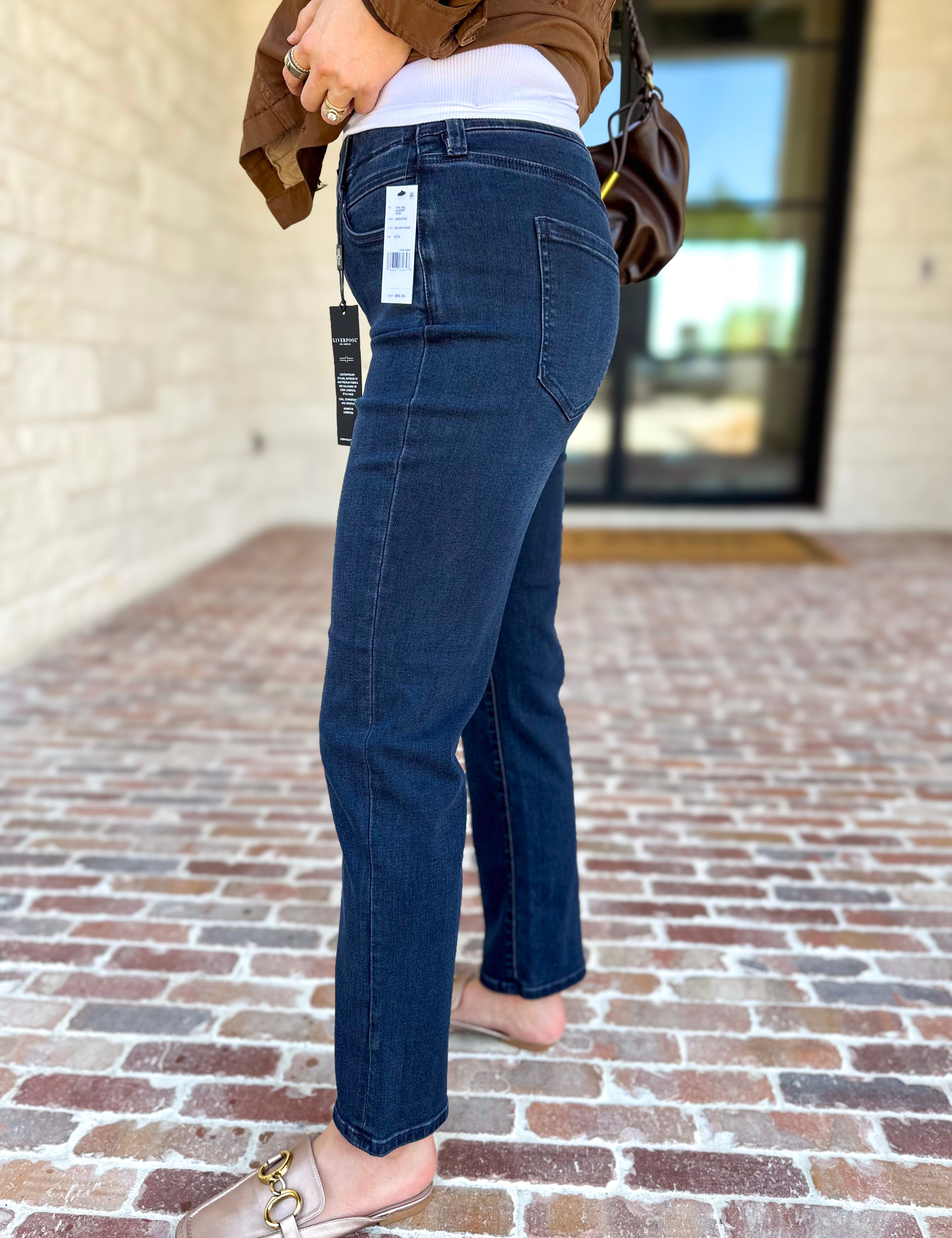 Liverpool - Dark Wash High Rise Straight Leg Jeans-420 Denim-LIVERPOOL JEANS COMPANY-July & June Women's Fashion Boutique Located in San Antonio, Texas