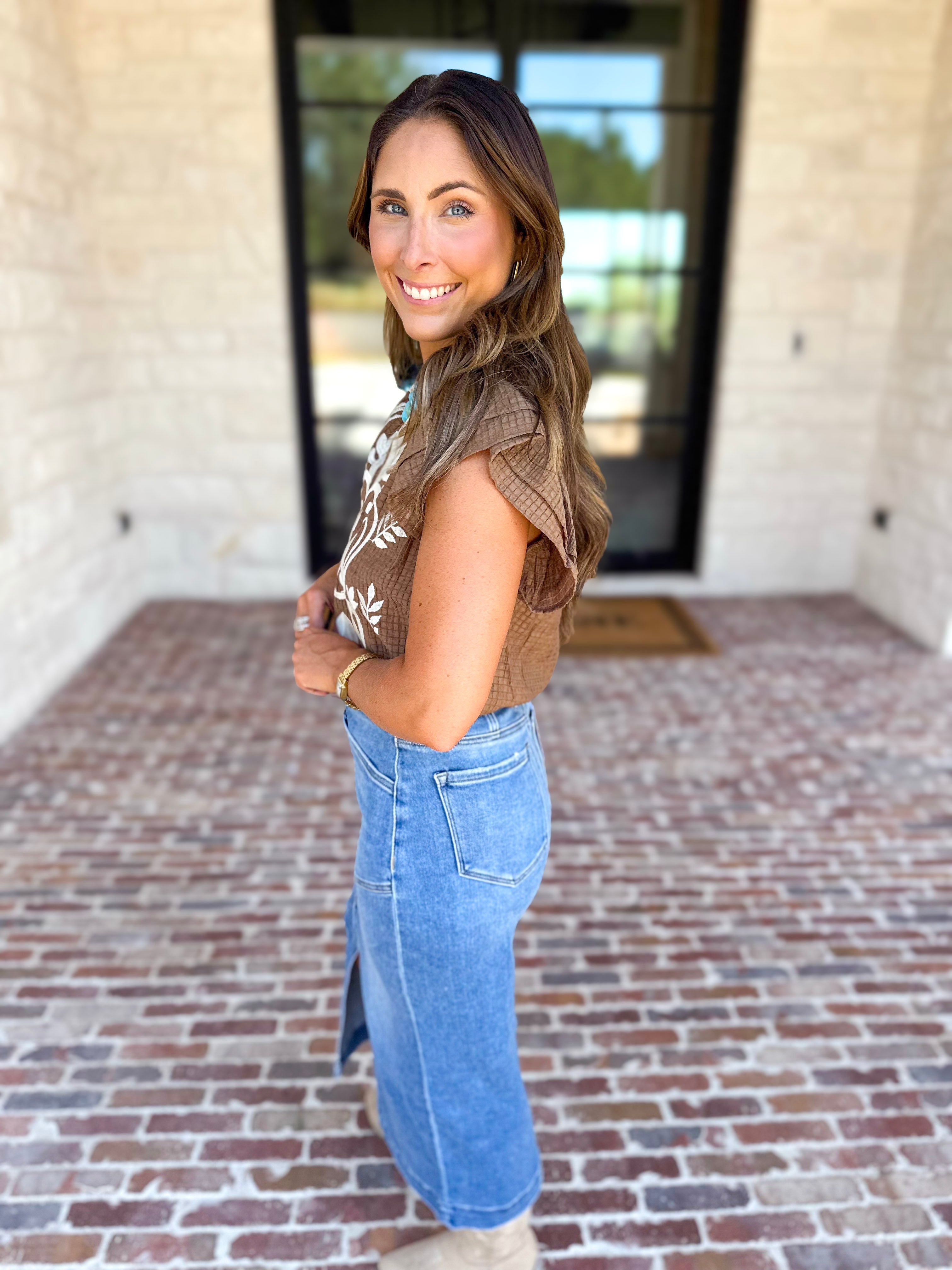 THML - Nutmeg Embroidered Flutter Sleeve Blouse-200 Fashion Blouses-THML-July & June Women's Fashion Boutique Located in San Antonio, Texas