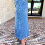 Vervet - Patch Pocket Denim Midi Skirt-410 Shorts/Skirts-VEVERT BY FLYING MONKEY-July & June Women's Fashion Boutique Located in San Antonio, Texas