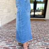 Vervet - Patch Pocket Denim Midi Skirt-410 Shorts/Skirts-VEVERT BY FLYING MONKEY-July & June Women's Fashion Boutique Located in San Antonio, Texas