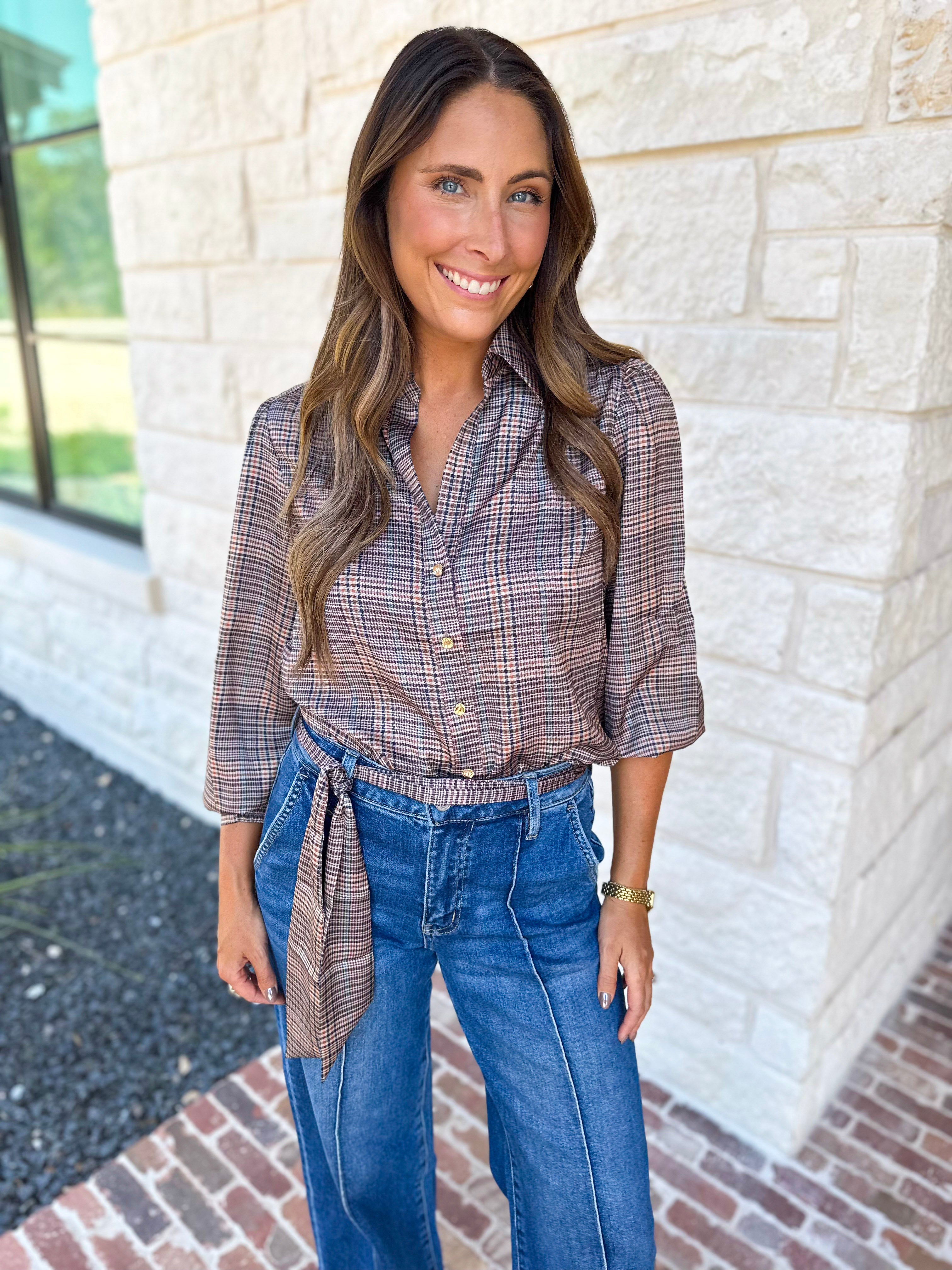 Current Air - Uptown Plaid Button Down Blouse-200 Fashion Blouses-CURRENT AIR CLOTHING-July & June Women's Fashion Boutique Located in San Antonio, Texas