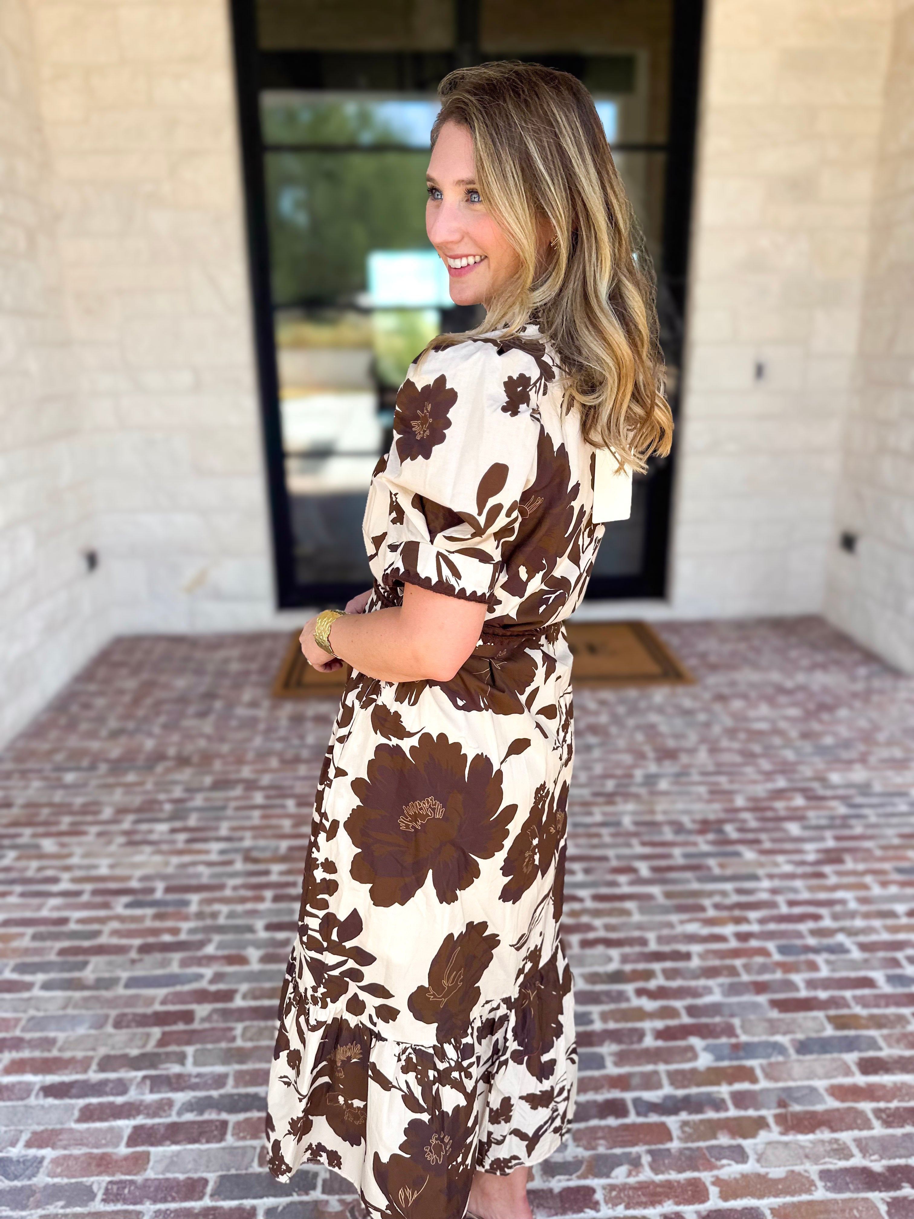 Mocha Magnolia Midi Dress-500 Midi-ENTRO-July & June Women's Fashion Boutique Located in San Antonio, Texas