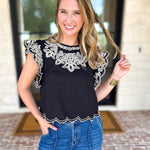 THML - Black Flutter Sleeve Embroidered Blouse-200 Fashion Blouses-THML-July & June Women's Fashion Boutique Located in San Antonio, Texas