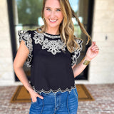 THML - Black Flutter Sleeve Embroidered Blouse-200 Fashion Blouses-THML-July & June Women's Fashion Boutique Located in San Antonio, Texas