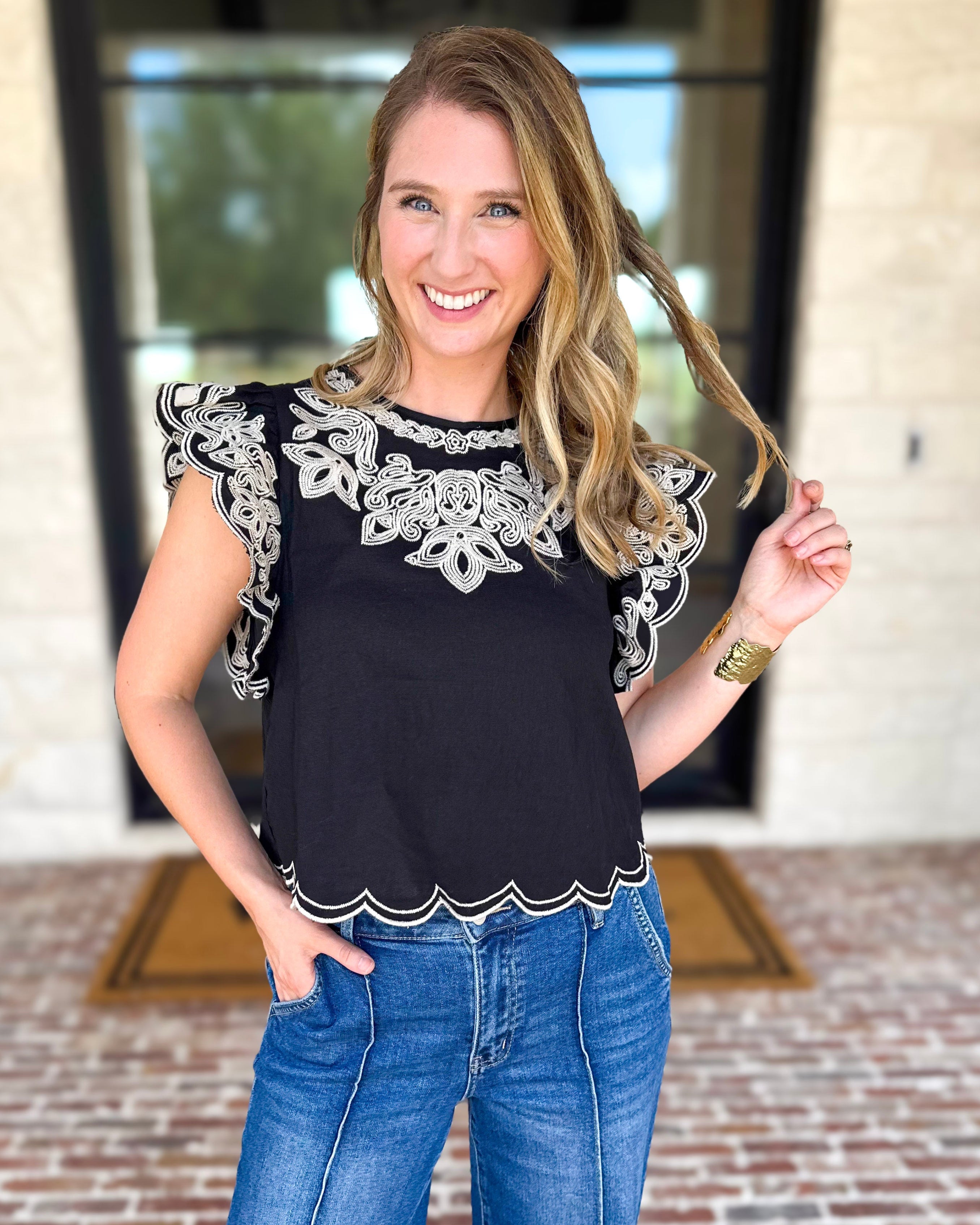 THML - Black Flutter Sleeve Embroidered Blouse-200 Fashion Blouses-THML-July & June Women's Fashion Boutique Located in San Antonio, Texas