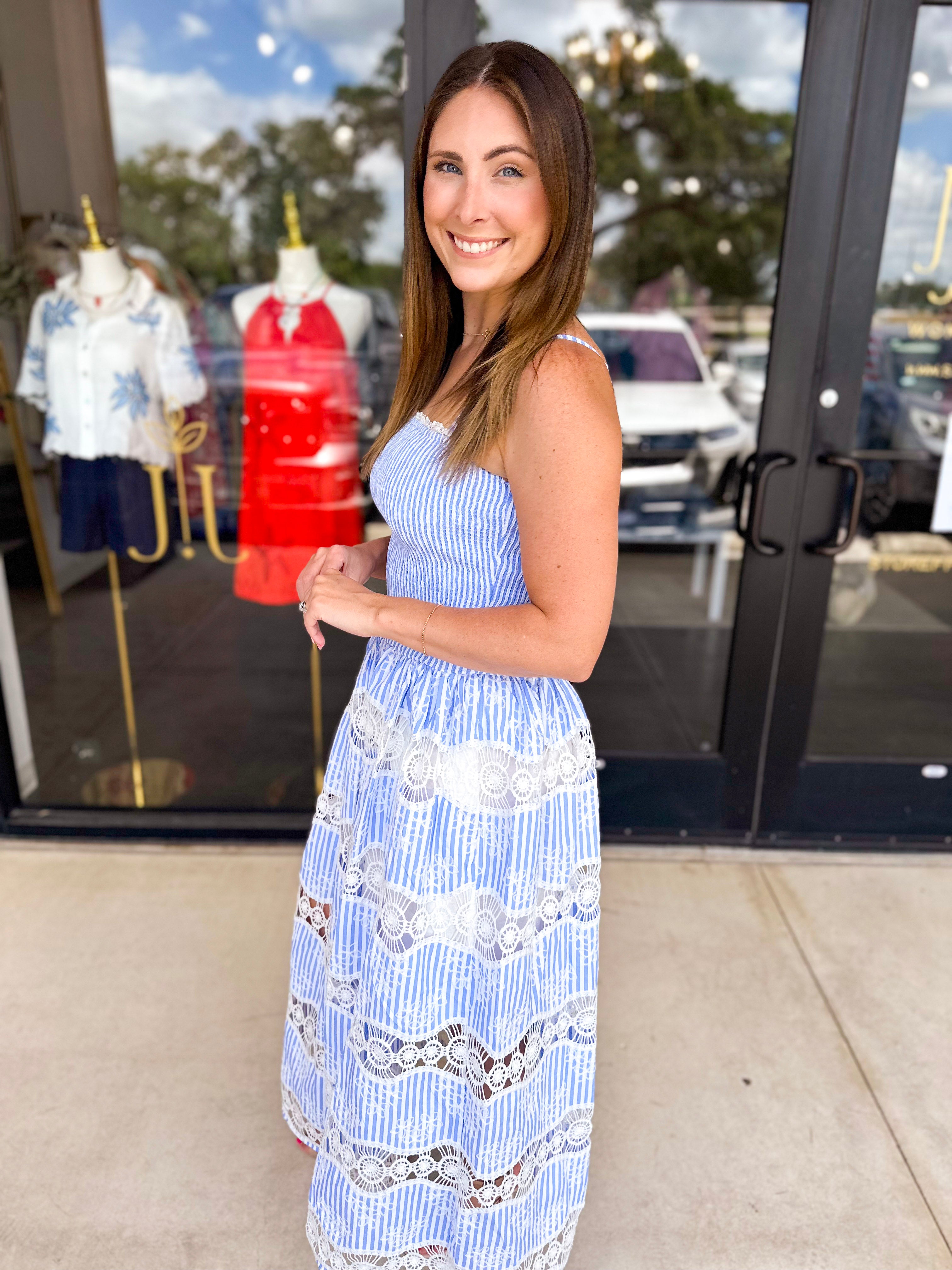 The Lillie Midi Dress - Blue & Ivory-500 Midi-STRUT & BOLT-July & June Women's Fashion Boutique Located in San Antonio, Texas