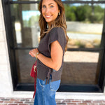 Liverpool - V-Neck Cinch Knit Top - Charcoal-230 Sweaters/Cardis-LIVERPOOL JEANS COMPANY-July & June Women's Fashion Boutique Located in San Antonio, Texas