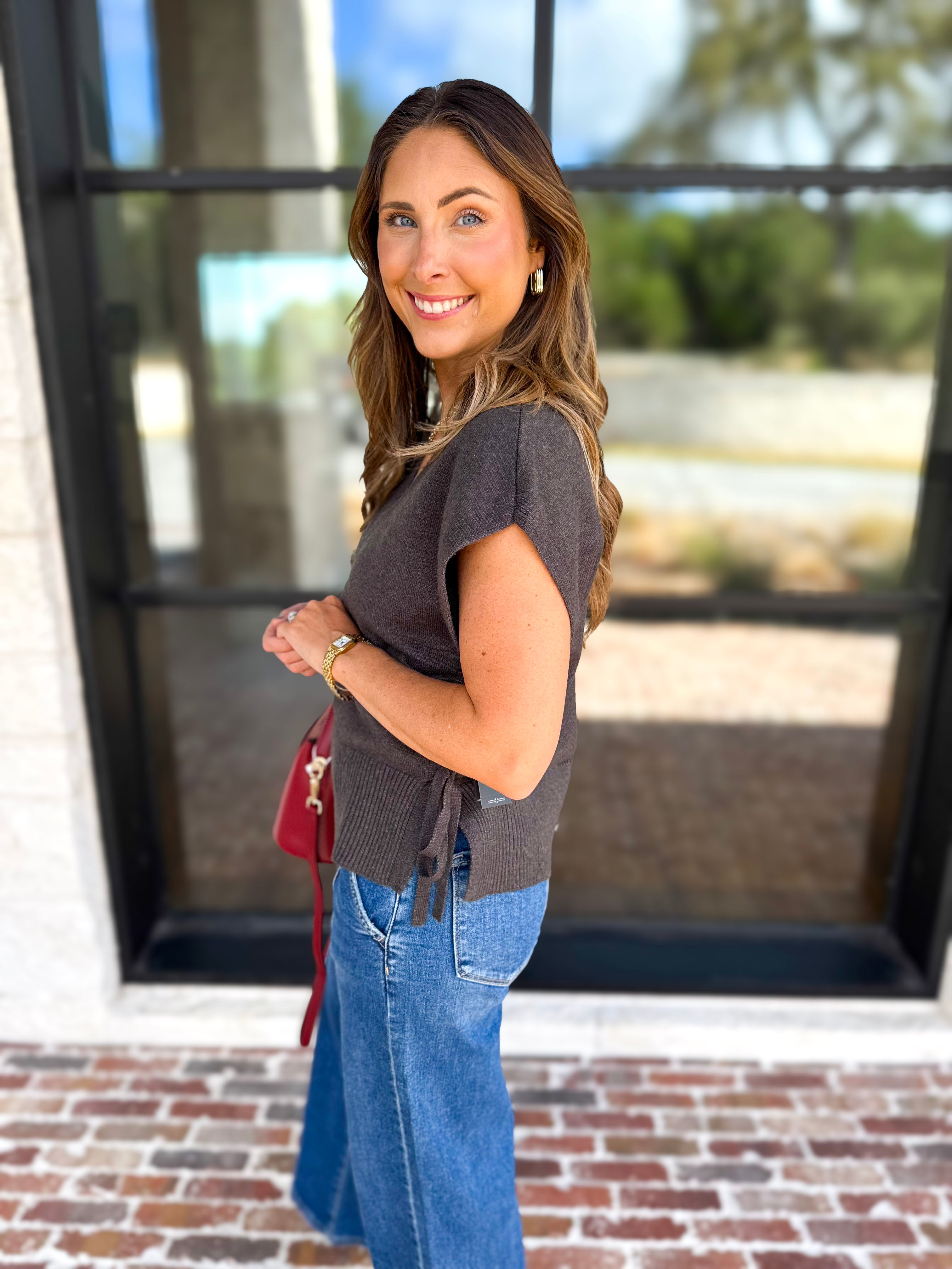 Liverpool - V-Neck Cinch Knit Top - Charcoal-230 Sweaters/Cardis-LIVERPOOL JEANS COMPANY-July & June Women's Fashion Boutique Located in San Antonio, Texas