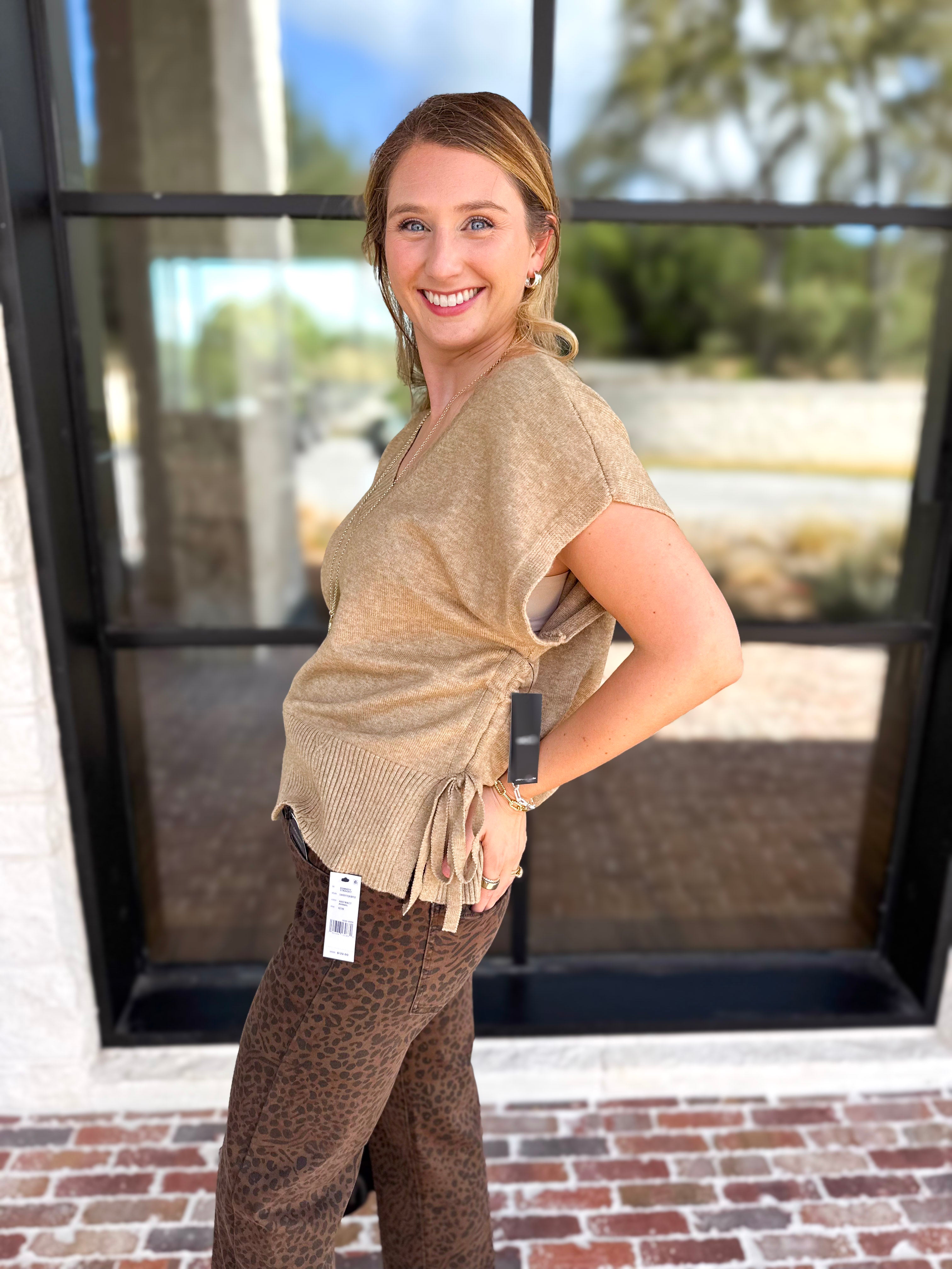Liverpool - V-Neck Cinch Knit Top - Toasted Tan-230 Sweaters/Cardis-LIVERPOOL JEANS COMPANY-July & June Women's Fashion Boutique Located in San Antonio, Texas