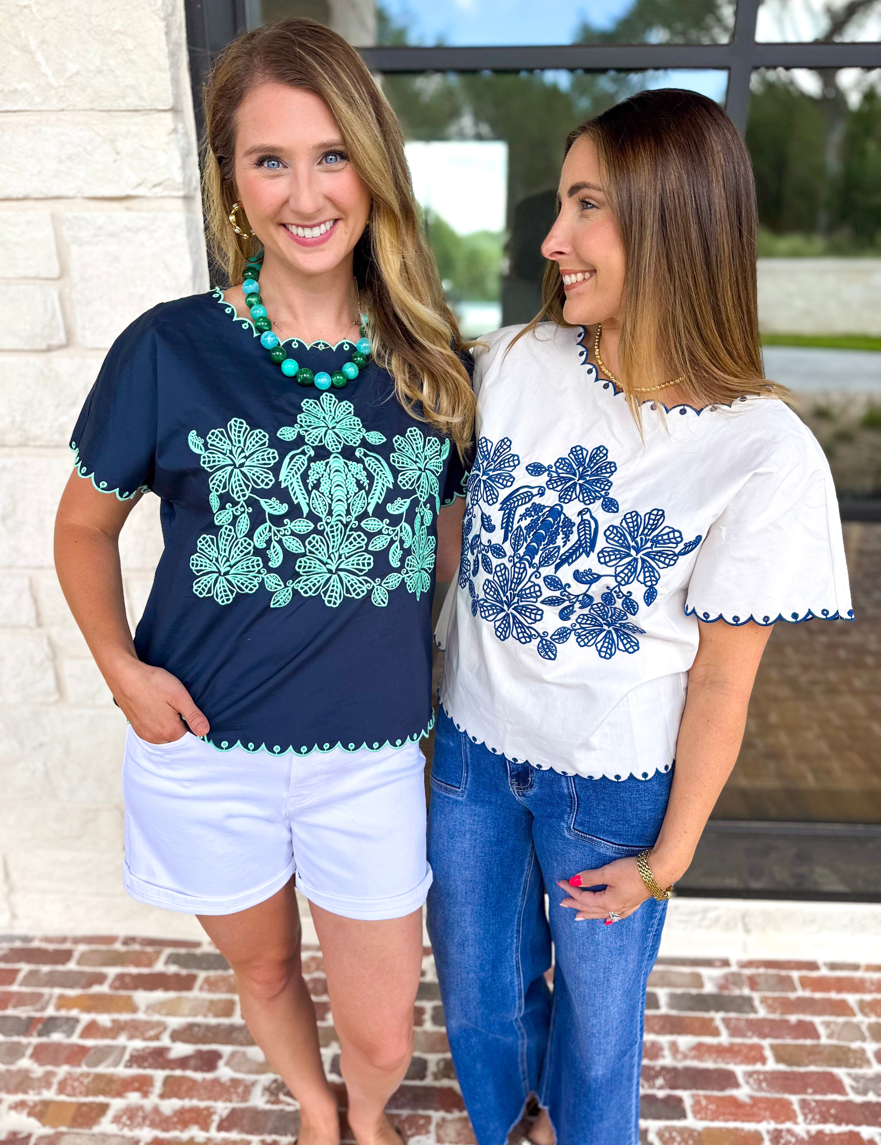Coastal Embroidered Blouse - White-200 Fashion Blouses-JODIFL-July & June Women's Fashion Boutique Located in San Antonio, Texas