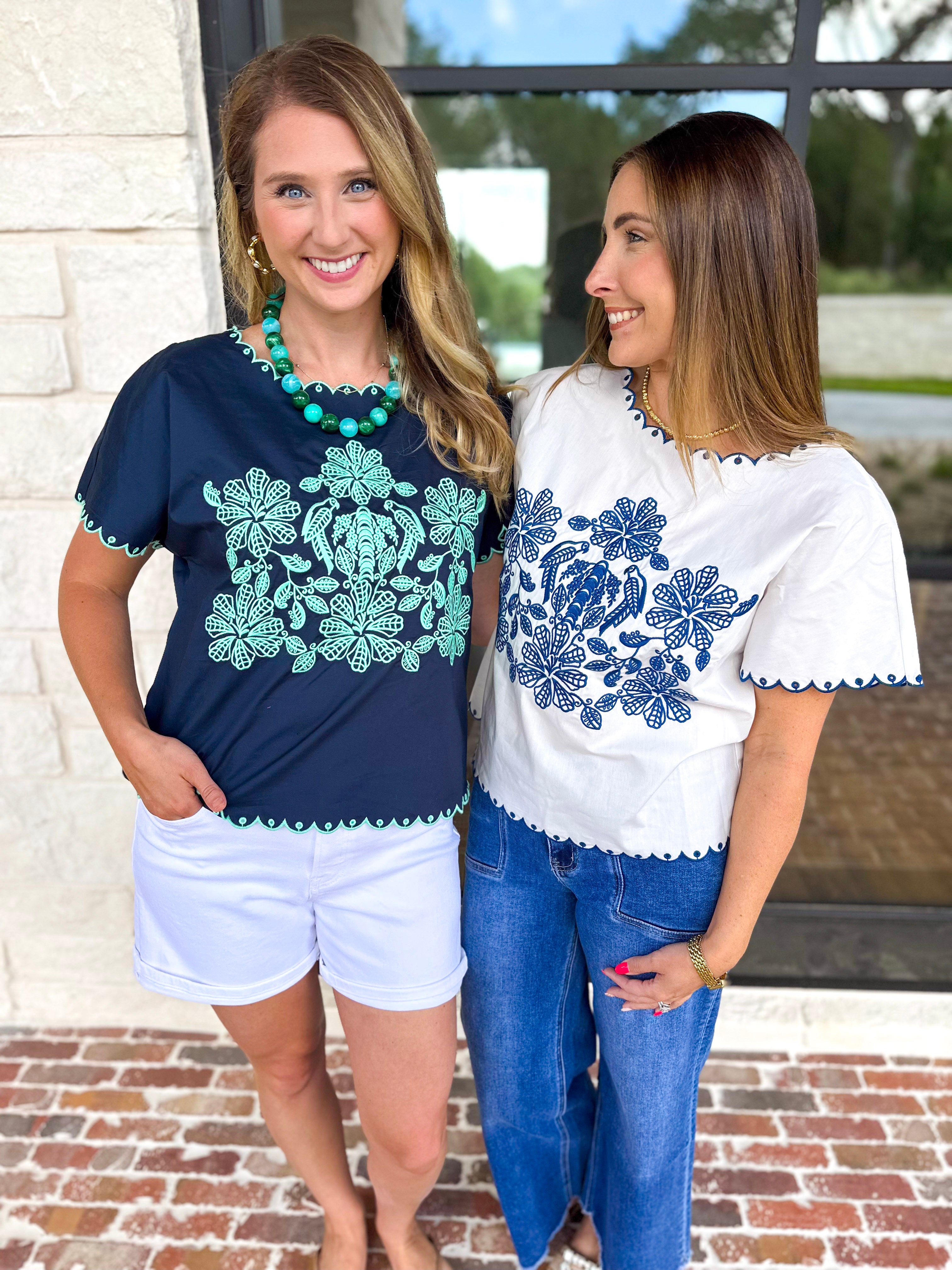 Coastal Embroidered Blouse - White-200 Fashion Blouses-JODIFL-July & June Women's Fashion Boutique Located in San Antonio, Texas