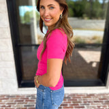Ribbed Square Neck Knit Top - Hot Pink-230 Sweaters/Cardis-ALLIE ROSE-July & June Women's Fashion Boutique Located in San Antonio, Texas
