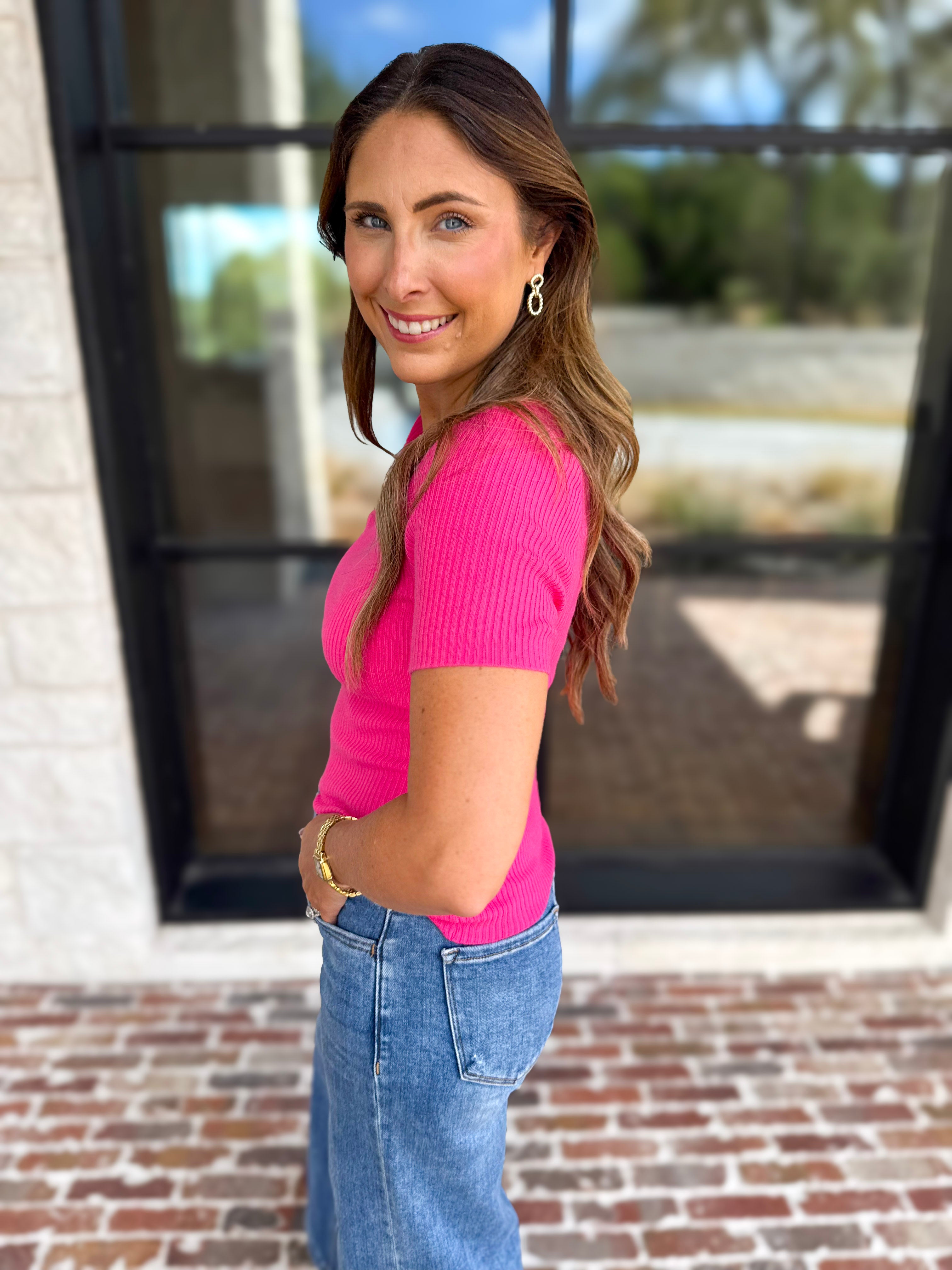 Ribbed Square Neck Knit Top - Hot Pink-230 Sweaters/Cardis-ALLIE ROSE-July & June Women's Fashion Boutique Located in San Antonio, Texas