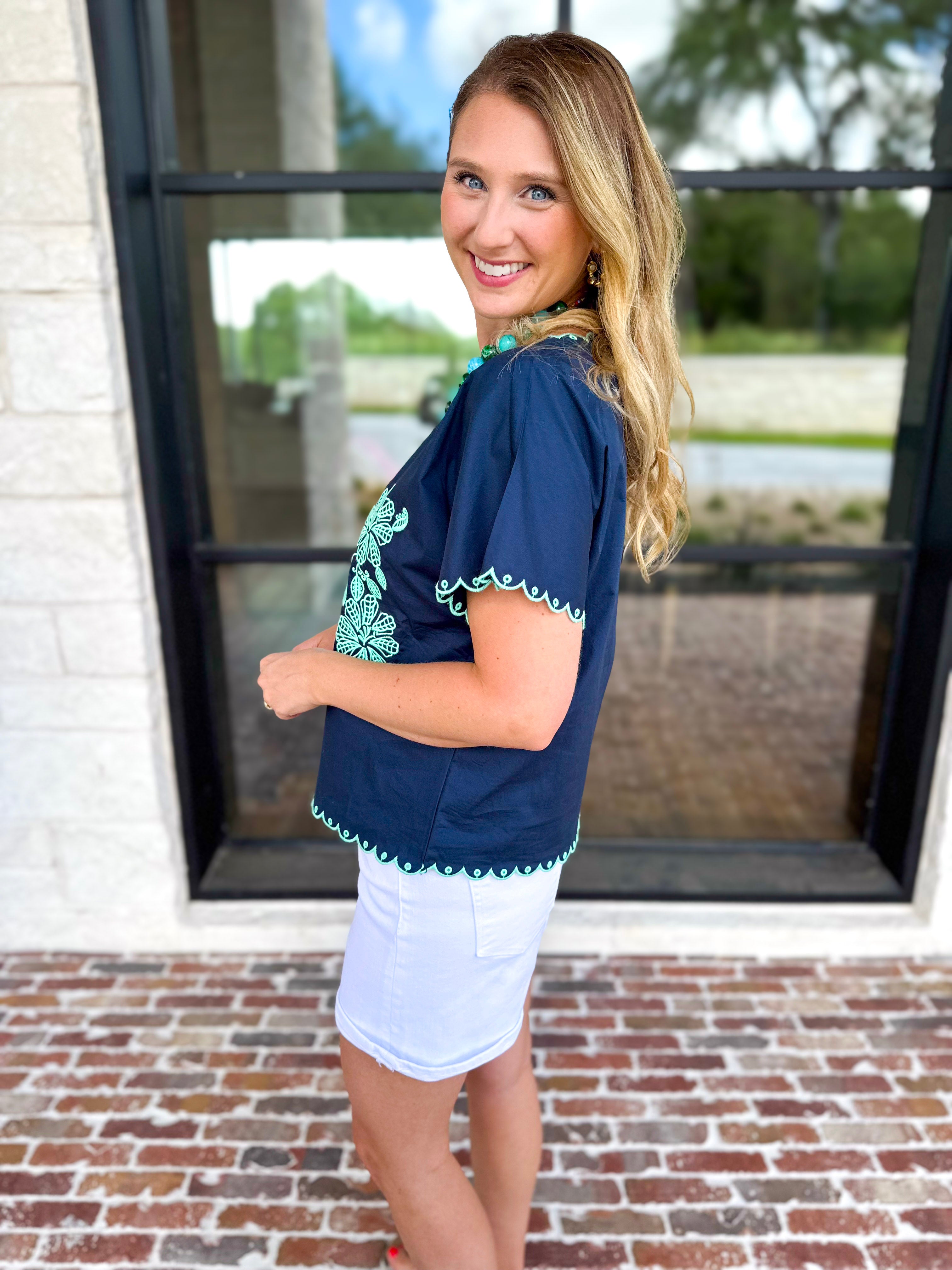 Coastal Embroidered Blouse - Navy-200 Fashion Blouses-JODIFL-July & June Women's Fashion Boutique Located in San Antonio, Texas
