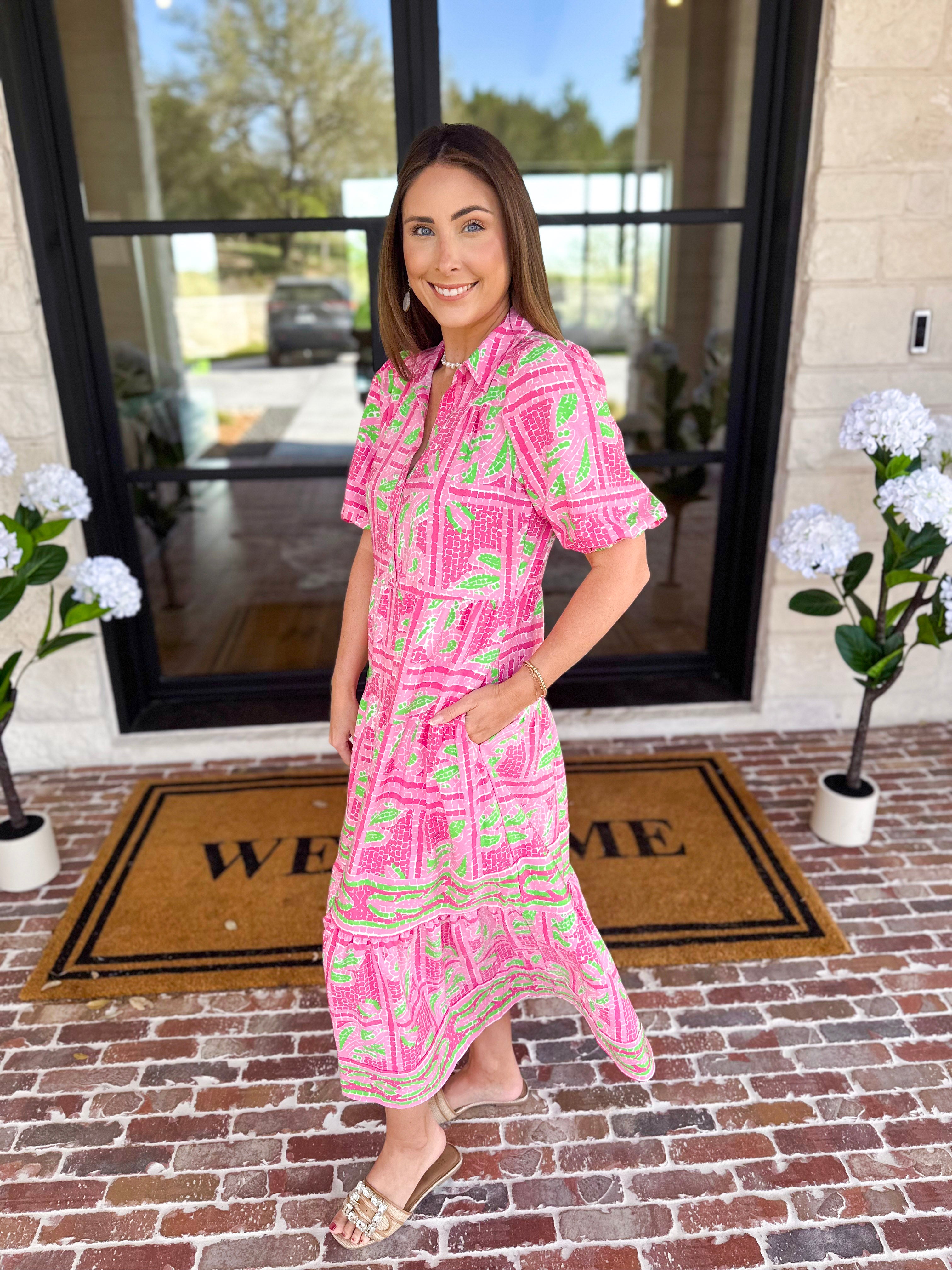 Mary Square - Pink Trellis Tiles Midi Dress-500 Midi-MARY SQUARE-July & June Women's Fashion Boutique Located in San Antonio, Texas