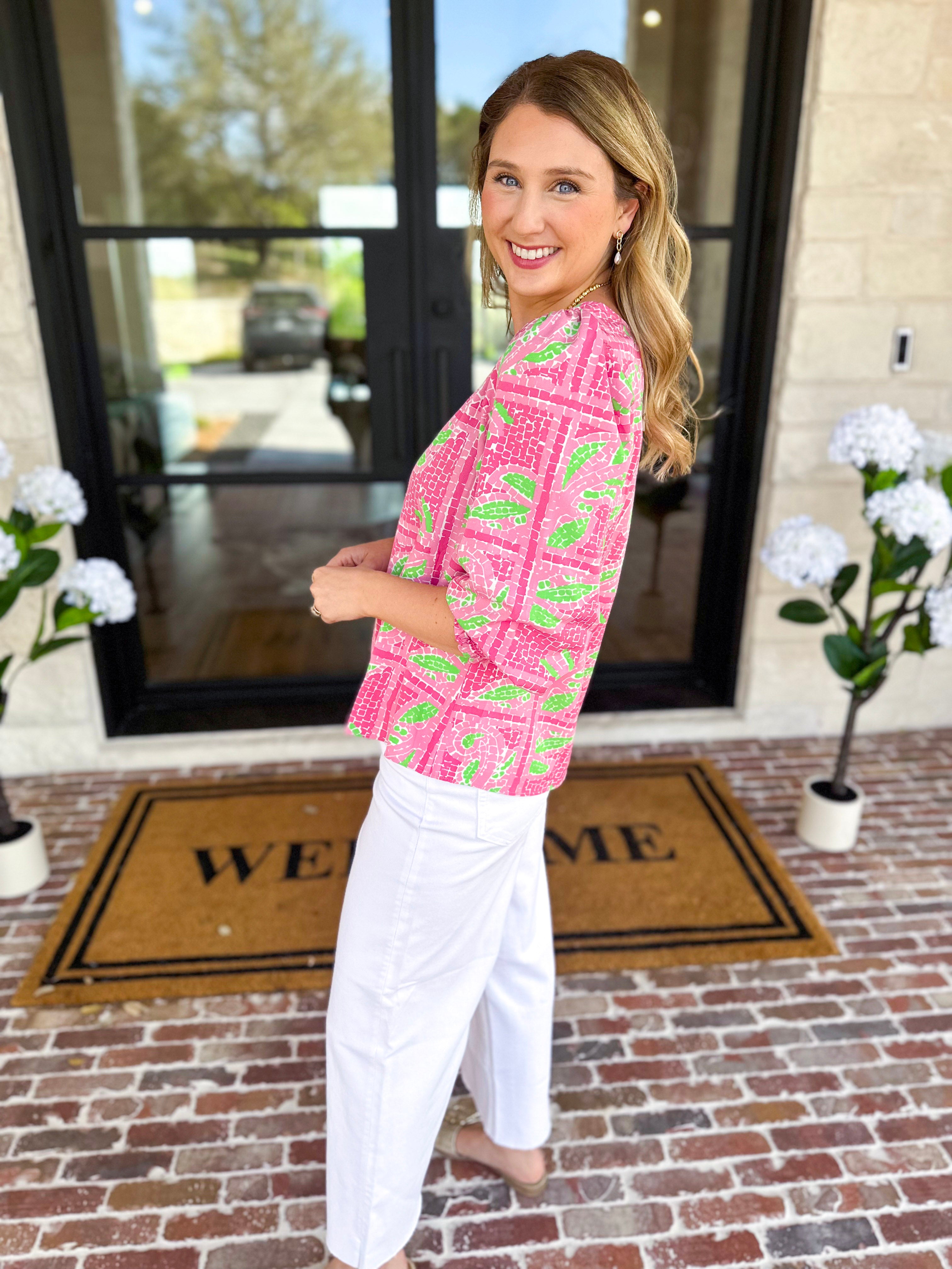 Mary Square - Trellis Tiles Blouse - Pink-200 Fashion Blouses-MARY SQUARE-July & June Women's Fashion Boutique Located in San Antonio, Texas
