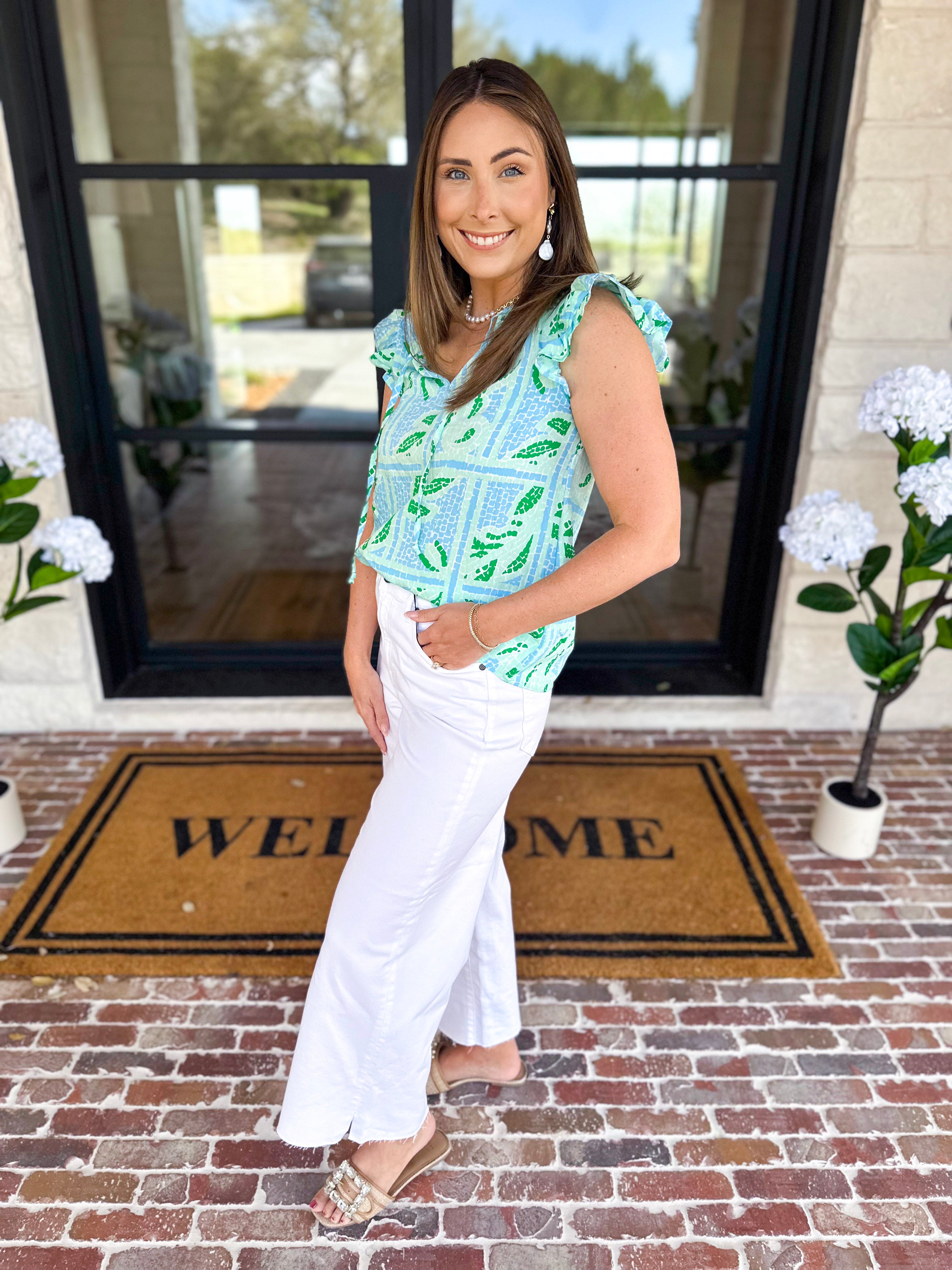 Mary Square - Lydia Trellis Tiles Blouse - Blue-200 Fashion Blouses-MARY SQUARE-July & June Women's Fashion Boutique Located in San Antonio, Texas