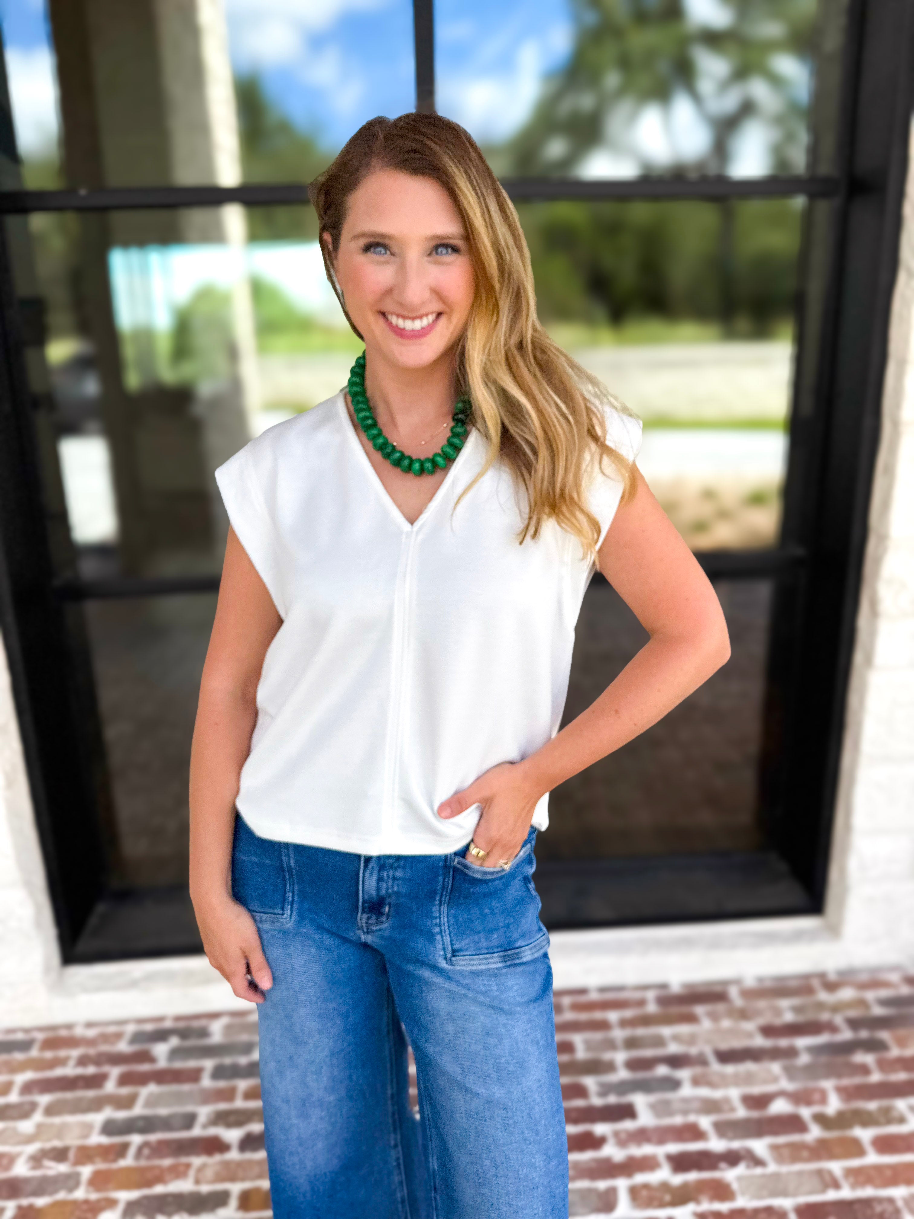 Casual Staples V-Neck Top - Ivory-210 Casual Blouses-ENTRO-July & June Women's Fashion Boutique Located in San Antonio, Texas